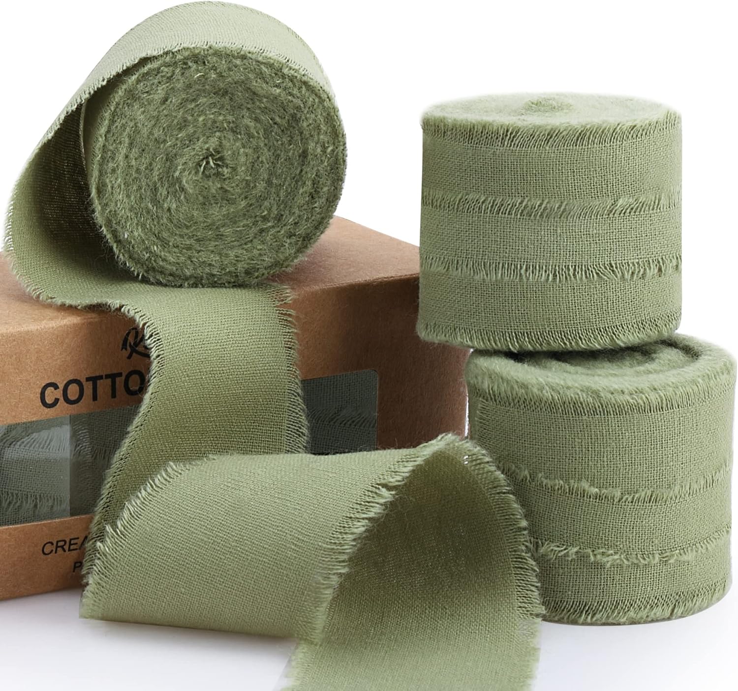 Sage Green Ribbon, Special Handmade Cotton Frayed Fringe Fabric, Innovative Ribb...