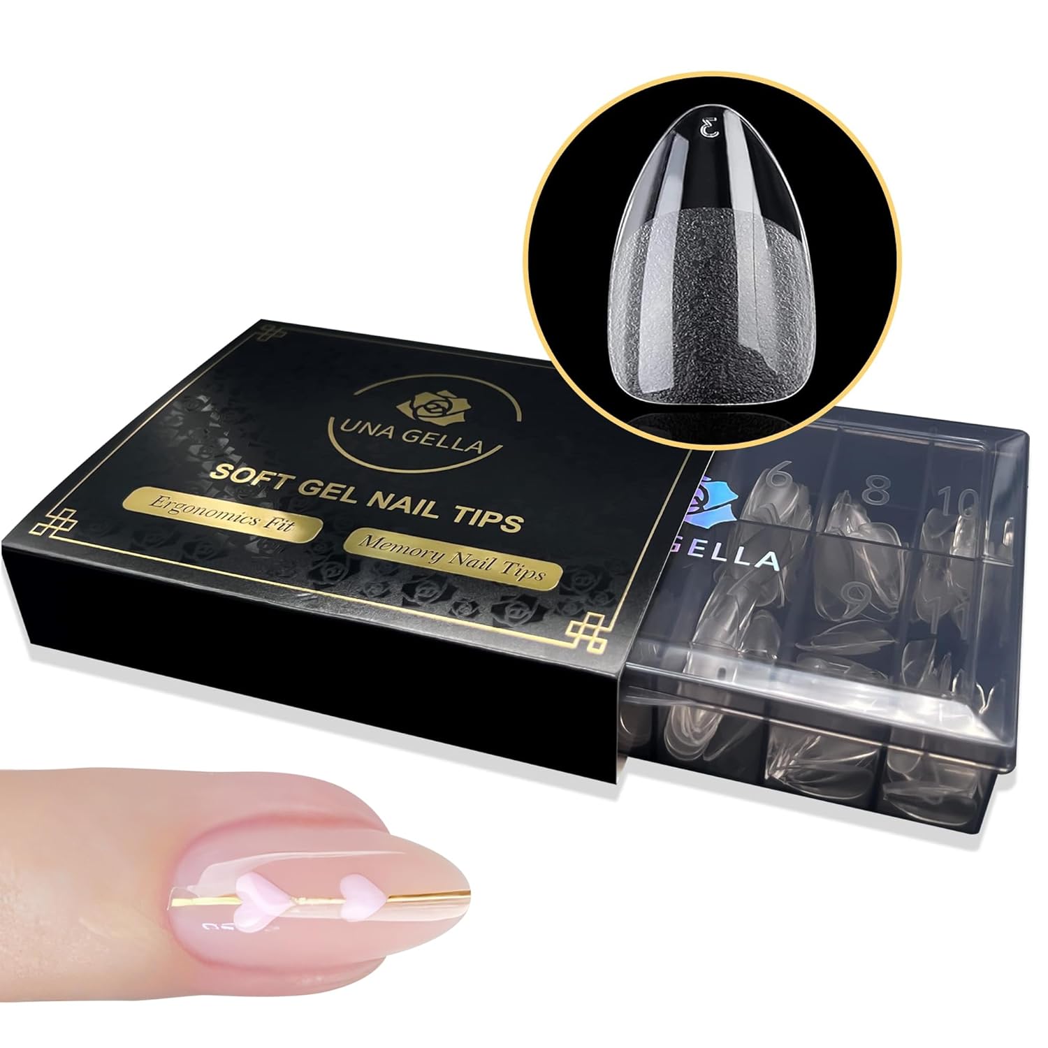 UNA GELLA Short Almond Gel Tips, Special Gel X Nail Tips with 600 Pcs Pre-Filed...