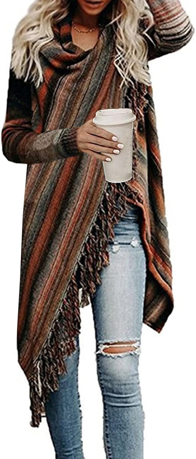 Women's open front Knited Tassels Slash Loose Cardigan Crew Neck Speckled Fringe...