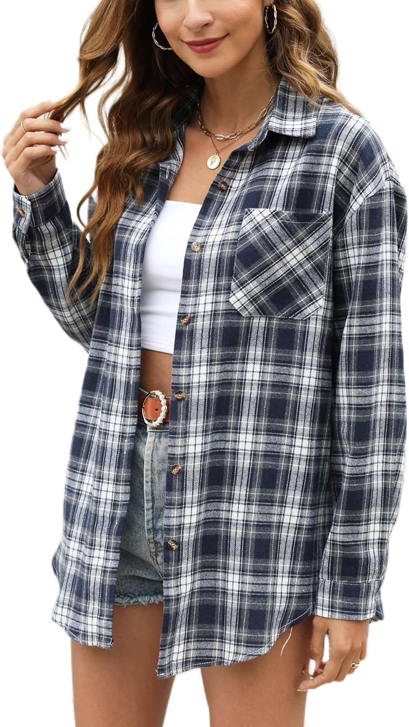 Oversized Womens Flannel Plaid Soft Flannel Button Down Shirt Roll Up Long Sleev...