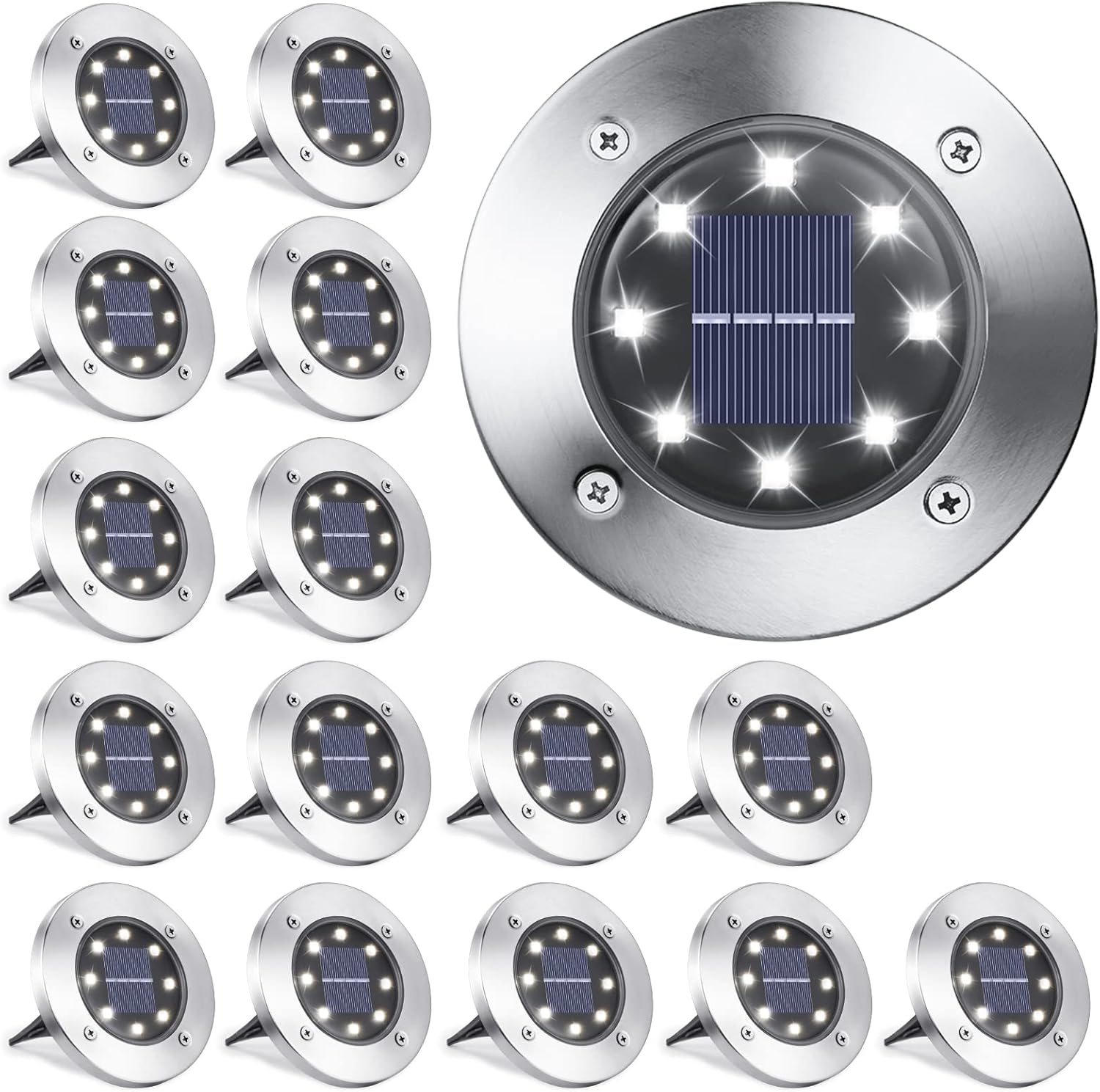 LYHOPE Solar Ground Lights Outdoor, 16 Pack 8 LED Solar Disk Lights Waterproof G...