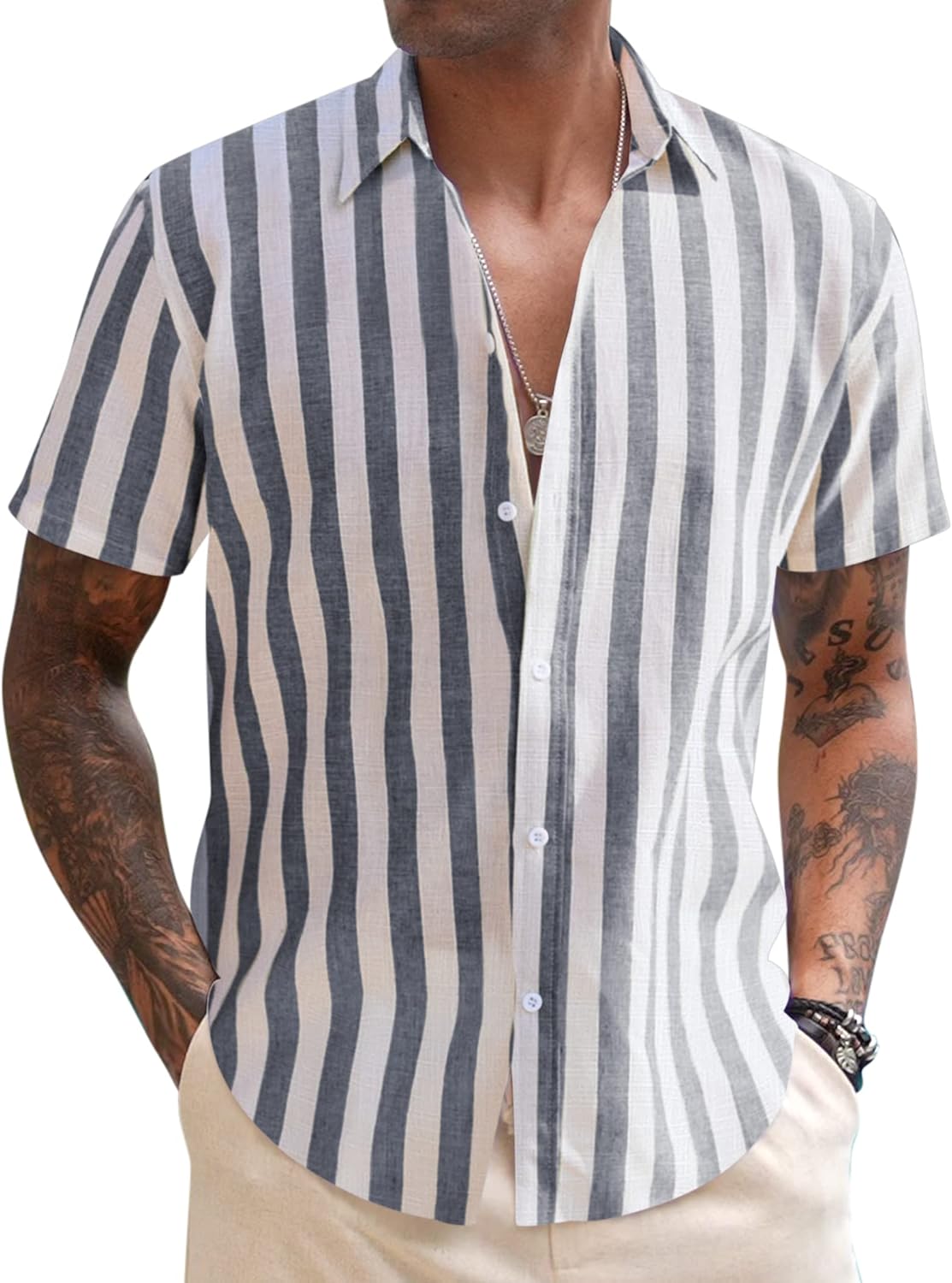 COOFANDY Mens Linen Casual Short Sleeve Shirt, Special Summer Beach Shirts, Uniq...