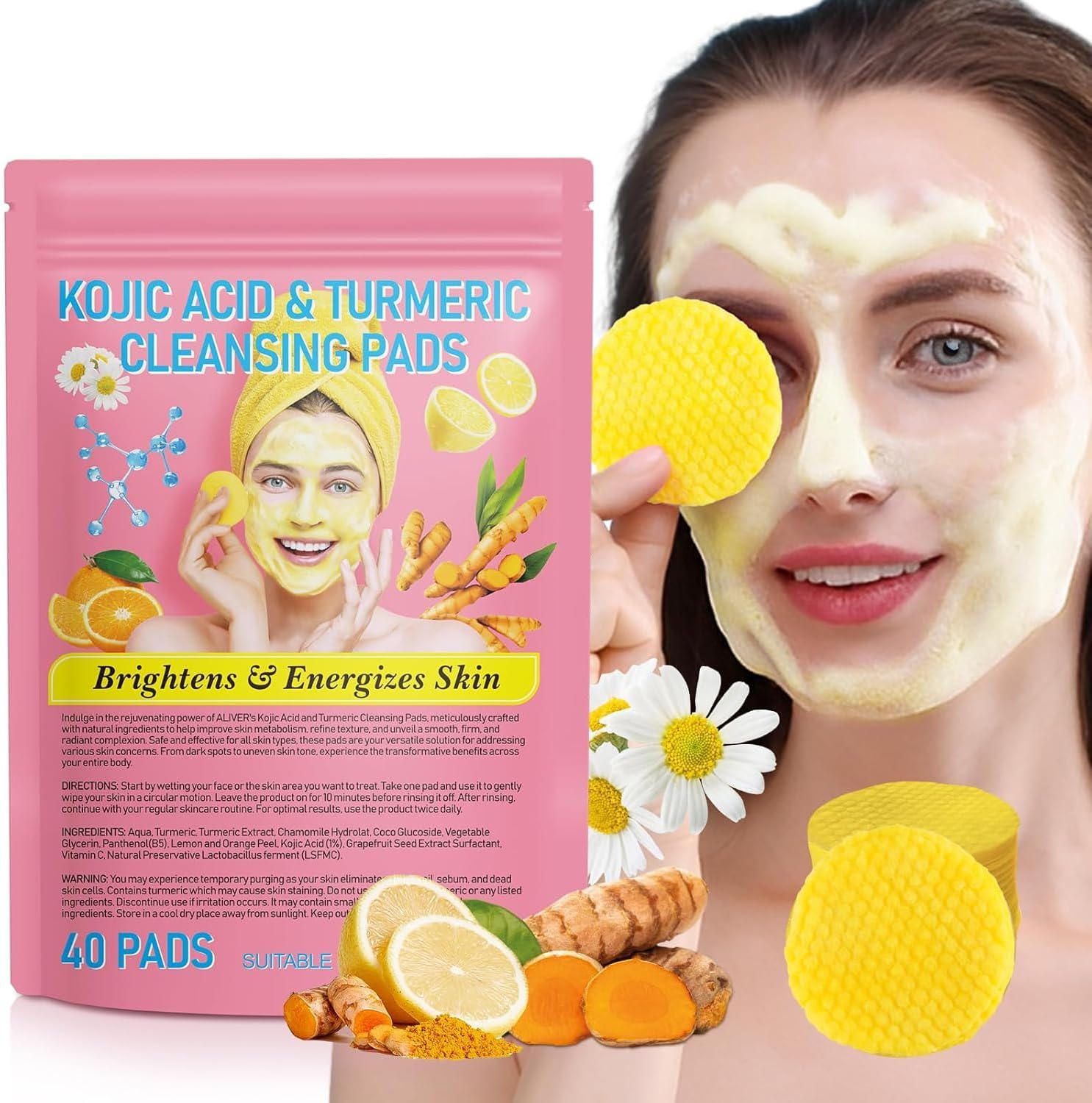 Kojic Acid Cleansing Pads,Kojic Acid and Turmeric Cleansing Pads for face,Turmer...