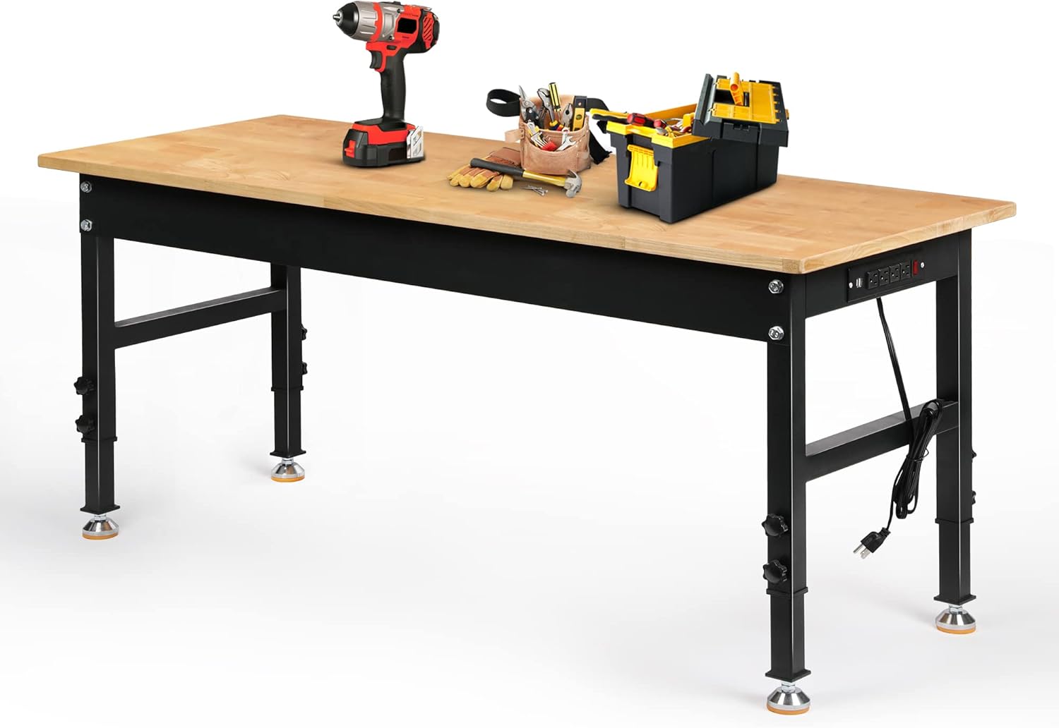 Adjustable Height Workbench, 60" Rubber Wood Top Heavy Duty Workstation with Pow...