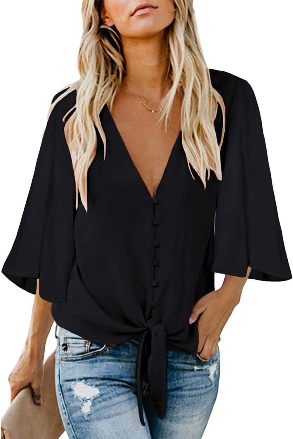 Kancystore Womens Blouse, Special Button Down V Neck Tie Knot Front Tops, Innova...