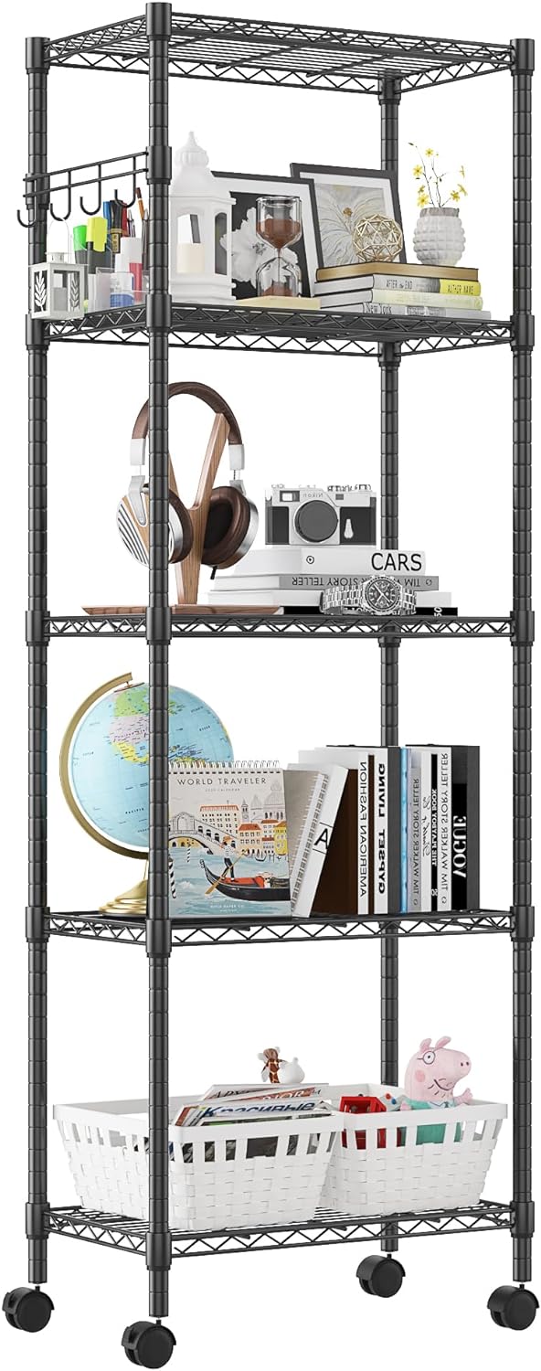 Homdox 5 Tier Wire Shelving Unit on Wheels, Adjustable Storage Racks and Shelvin...