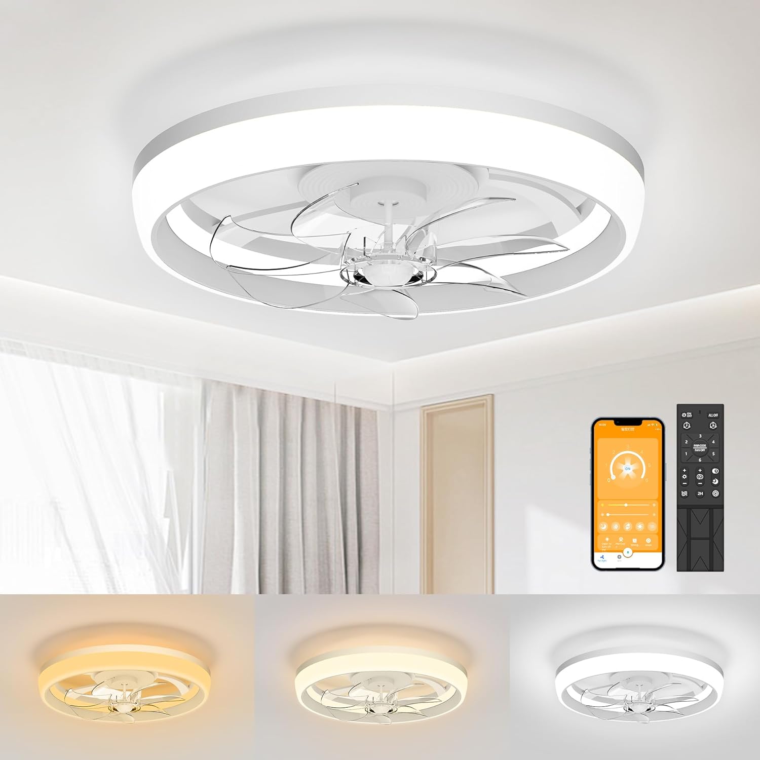 Ceiling Fans with Lights and Remote White 19 inch Bladeless Modern Ceiling Fan,...