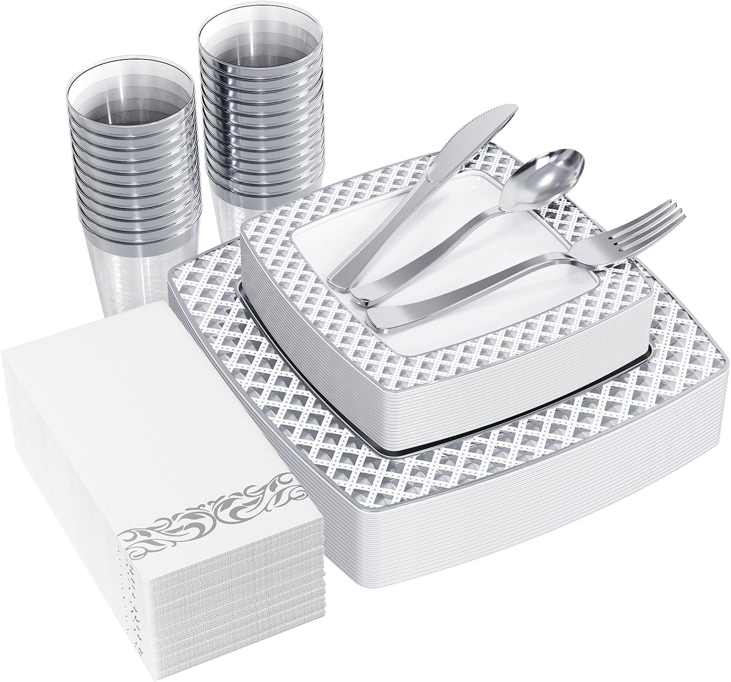 FOCUSLINE 175 Piece Silver Dinnerware Set, Special Dinnerware Set for 25 Guests,...