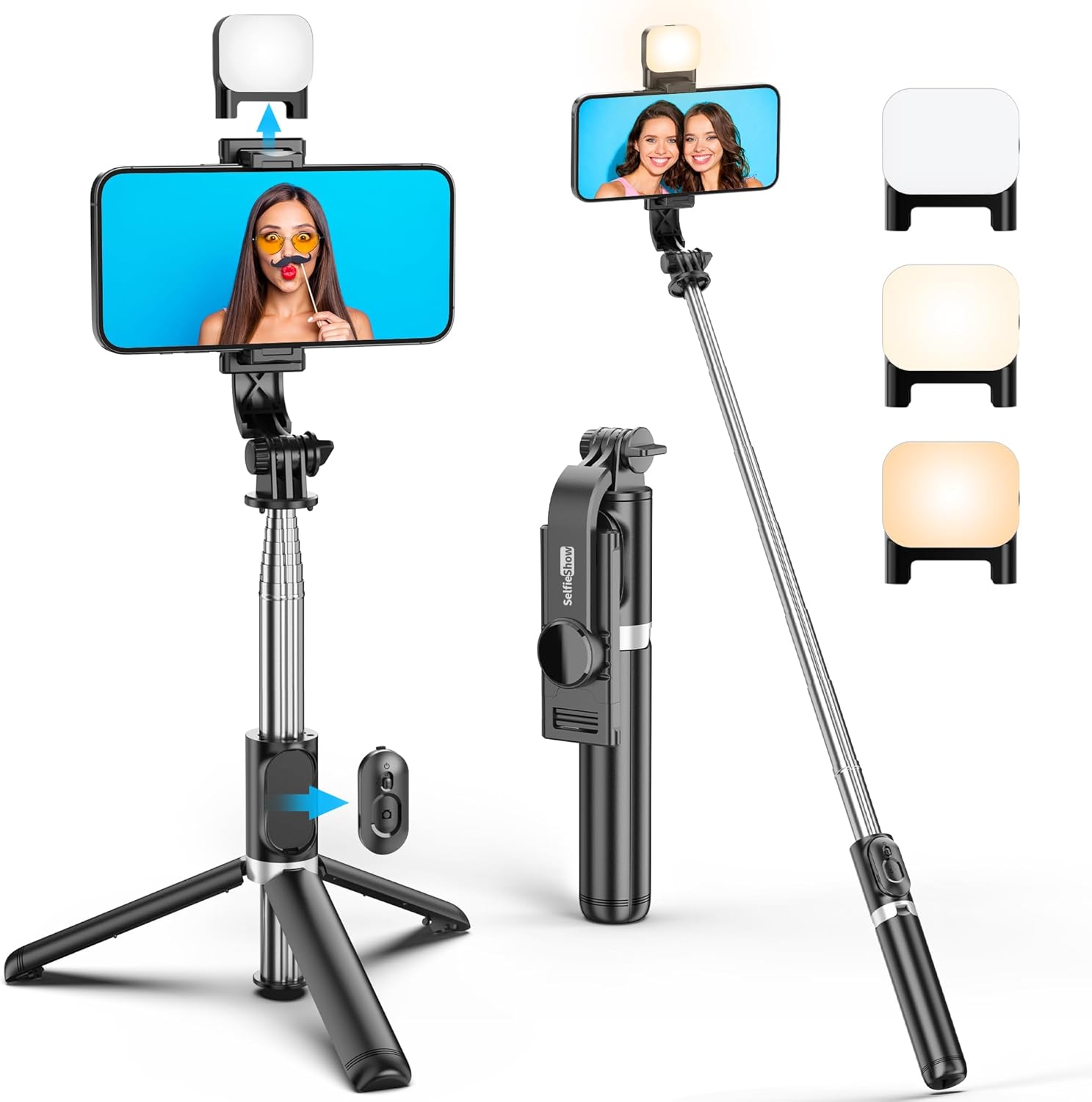 Selfie Stick Tripod with Fill Light, 106CM Selfie Stick & Flexible Phone Tripod...