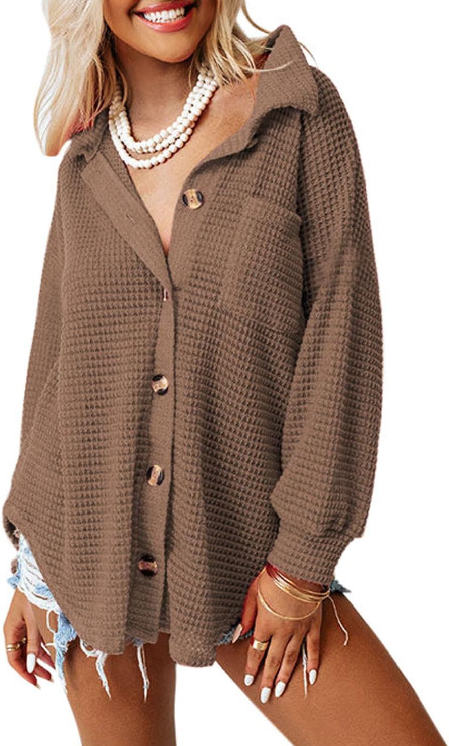 Dokotoo Womens Waffle Knit Shacket Jacket Casual Long Sleeve Button Down Shirts...