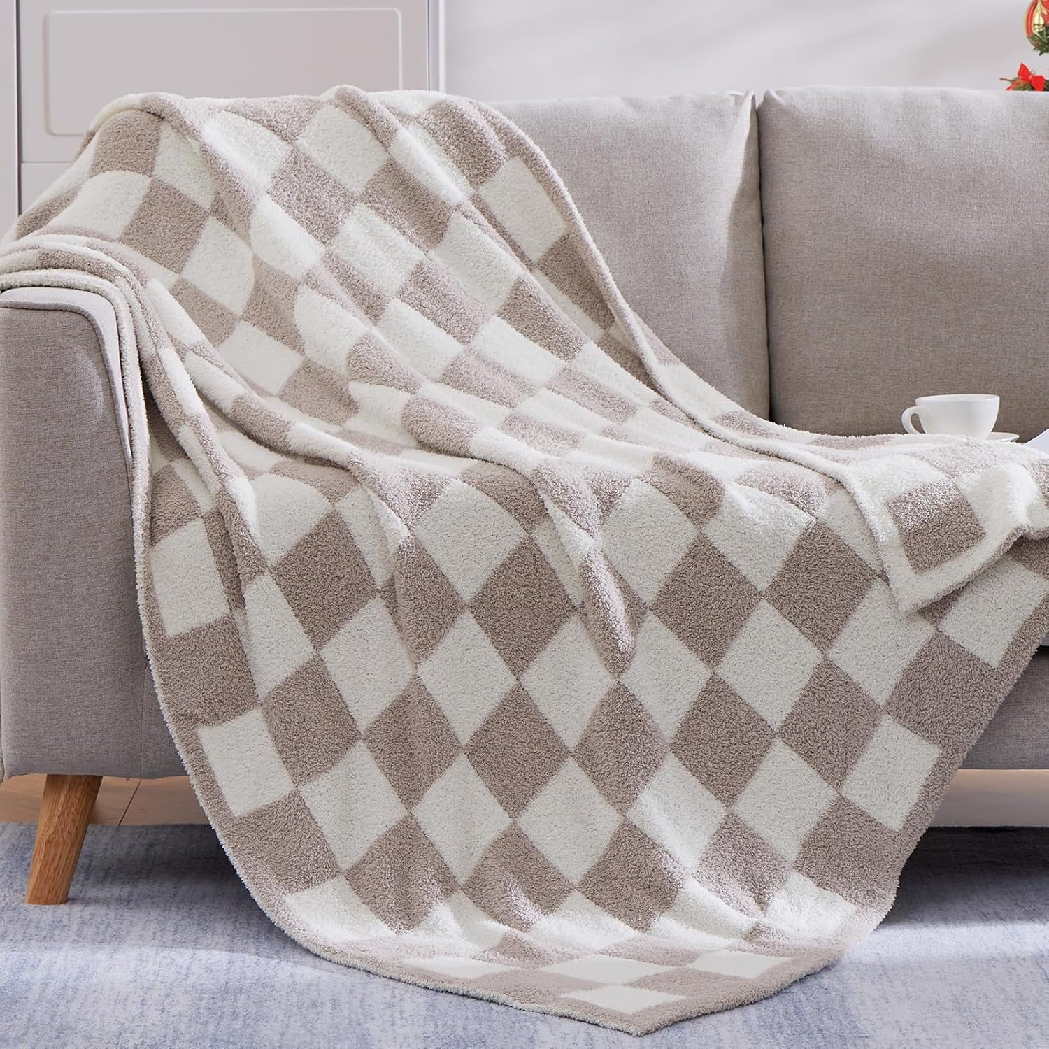 WRENSONGE Checkered Throw Blanket, Taupe Microfiber Soft Cozy Fluffy Warm Hand M...