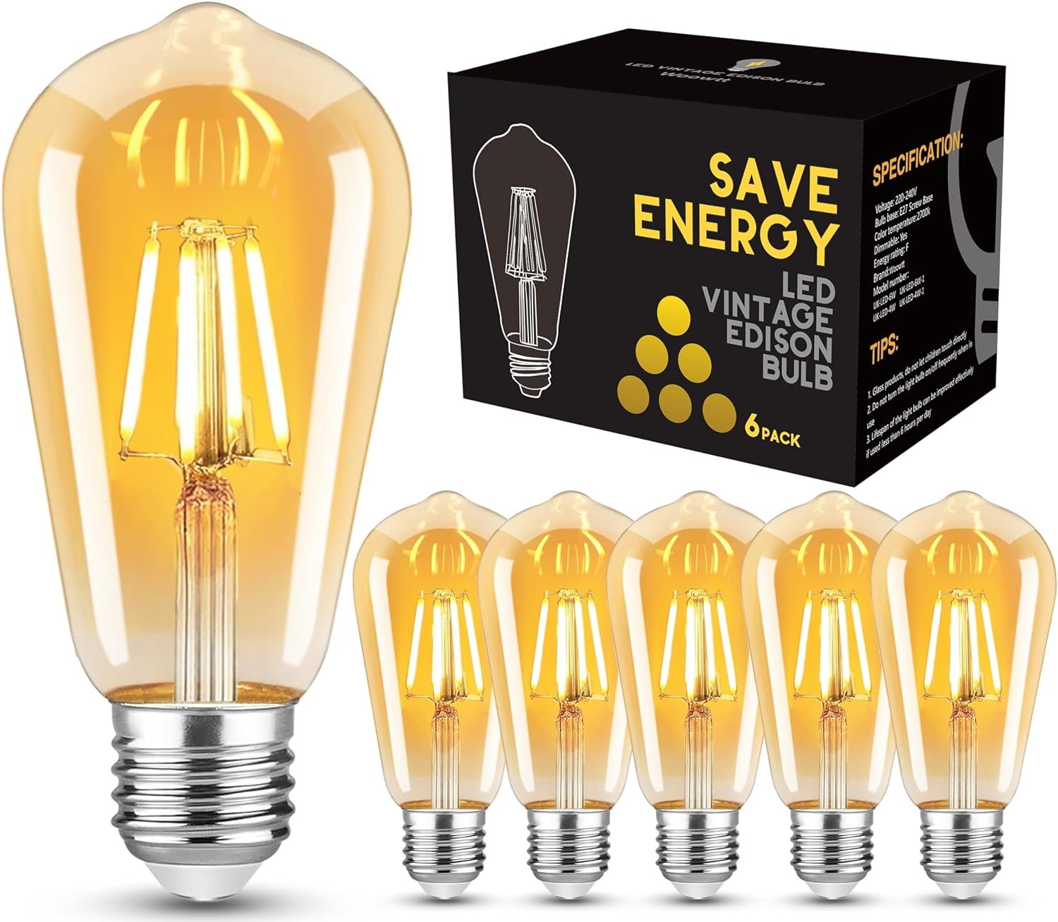 Woowtt Vintage Light Bulbs Screw, 4W E27 Edison Led Bulb 40W Equivalent, Dimmabl...