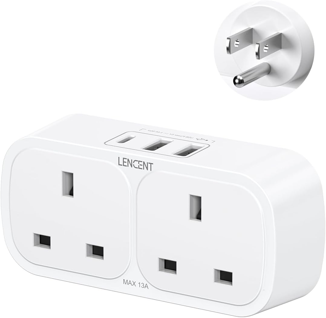 LENCENT UK to US USA Plug Adaptor with 1 Type C and 2 USB Ports, 2 Way Grounded...