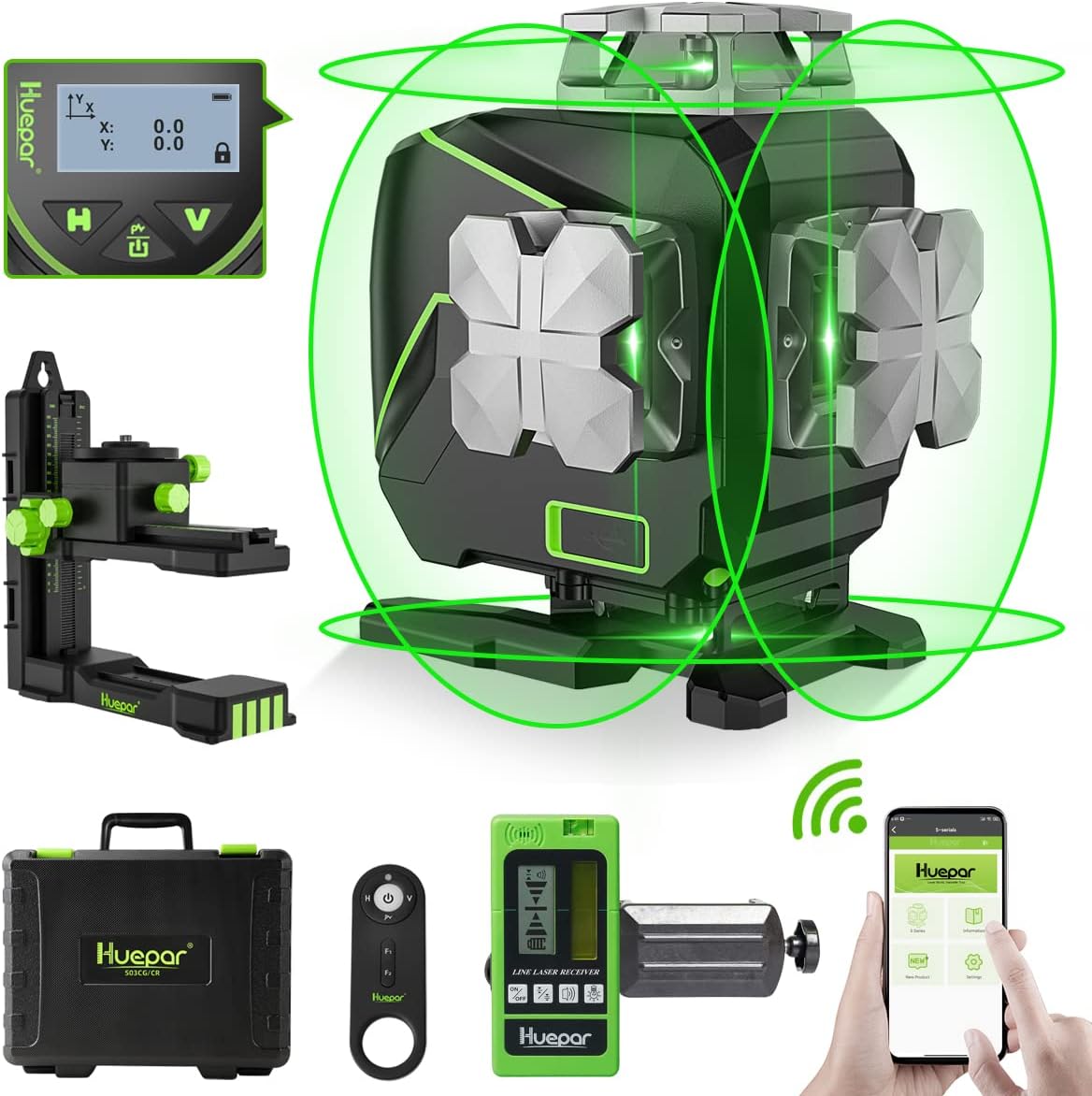 Huepar 16 Lines Self-Leveling Laser Level 4x360° Cross Line Laser with Receiver...