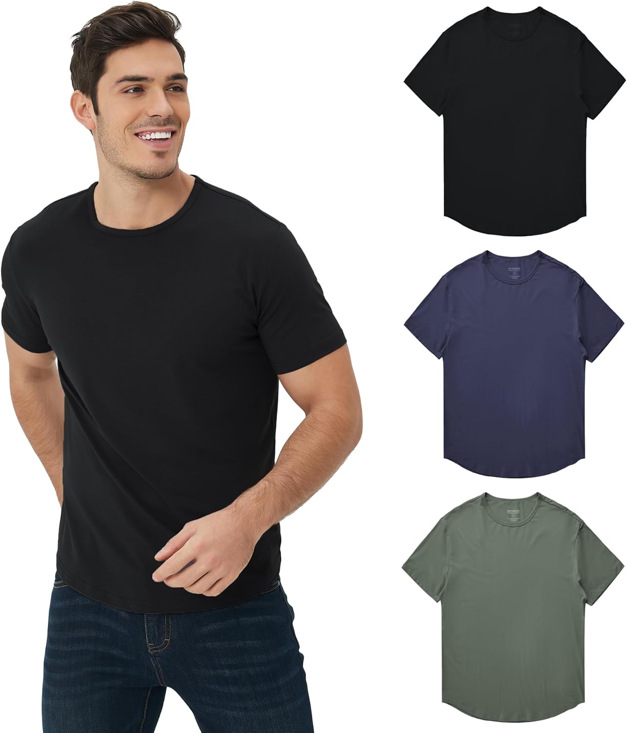 netdraw Men's Ultra Soft Bamboo Viscose T-Shirt Curve Hem Lightweight Cooling Sh...