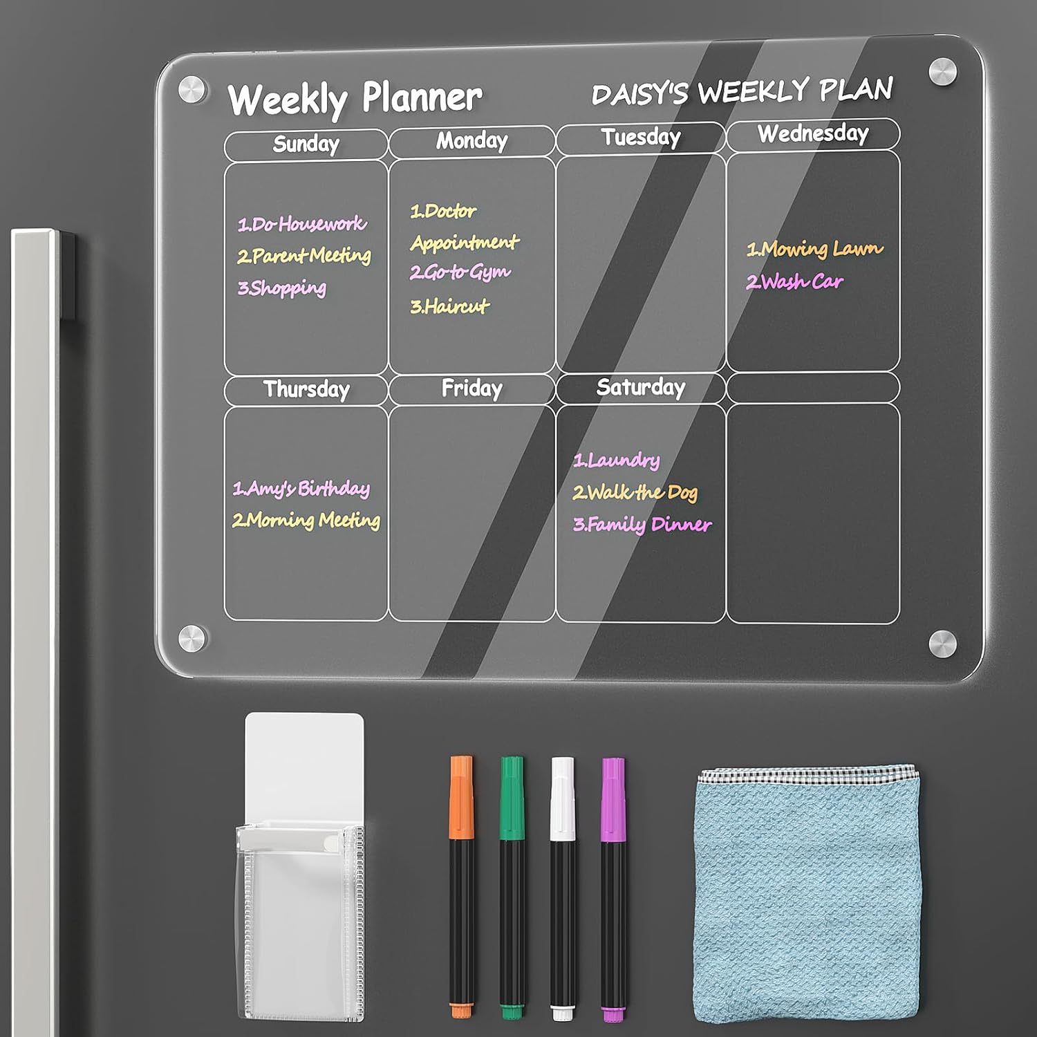 W&H Magnetic Acrylic Weekly Calendar for Fridge, 16"X12" Clear Acrylic Magnetic...