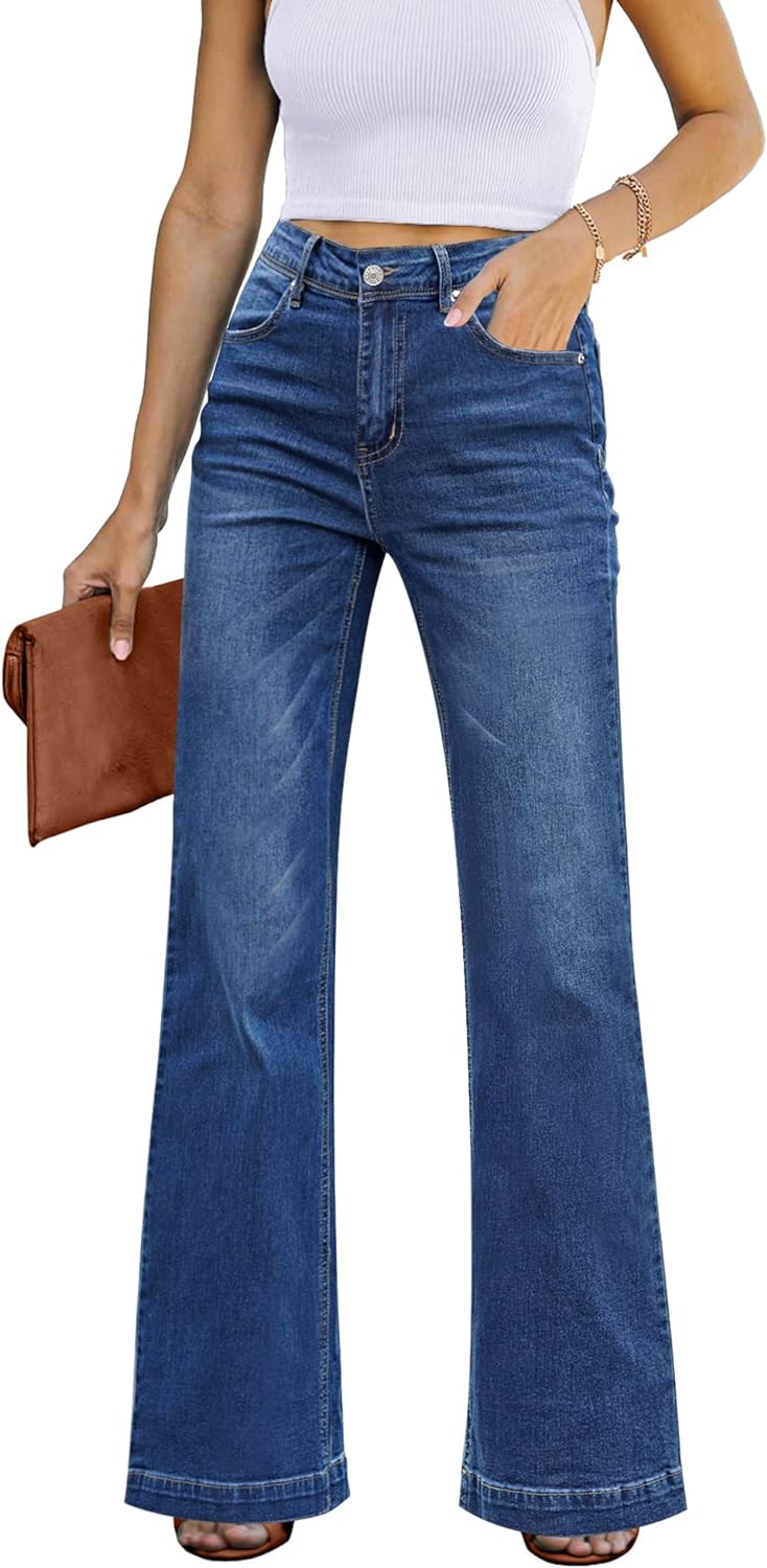 GRAPENT Womens Flare Jeans, Special High Waisted Wide Leg Baggy Jean, Unique Str...