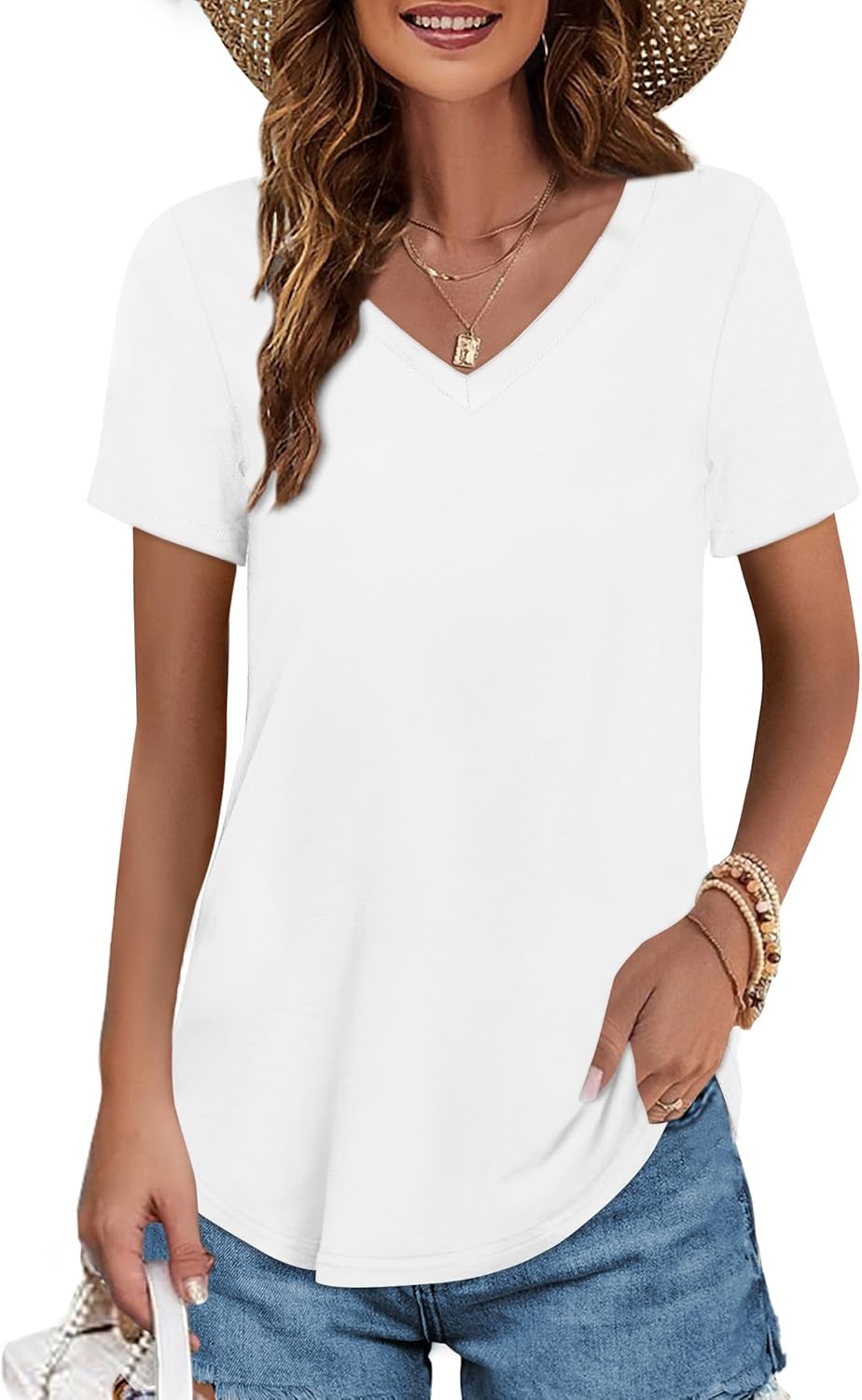 Elesomo Womens T Shirts V Neck Summer Short/Long Sleeve Cotton Tops Tees Medium...