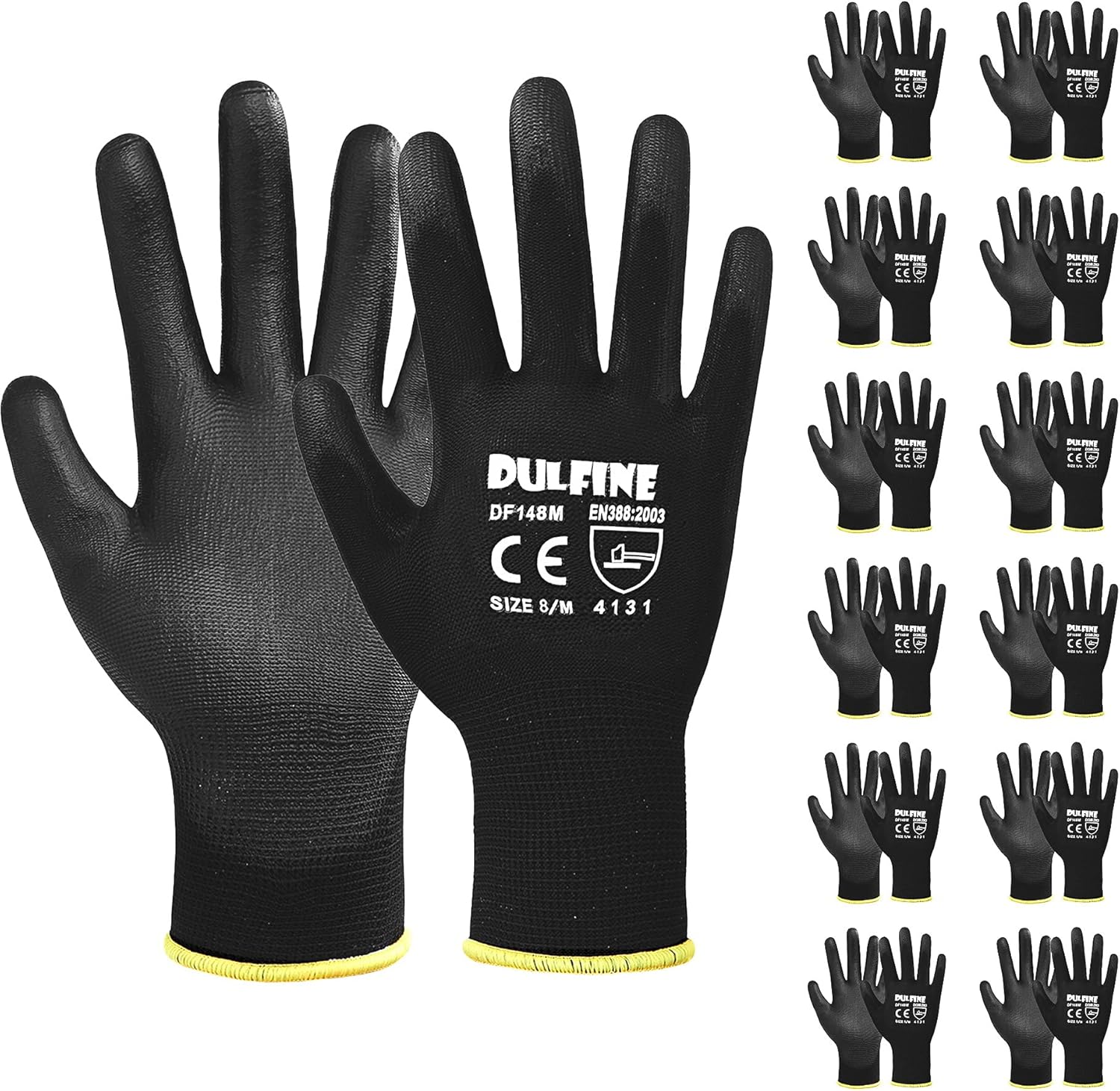 DULFINE Ultra-Thin PU Coated Work Gloves-12 Pairs,Excellent Grip,Nylon Shell Bla...