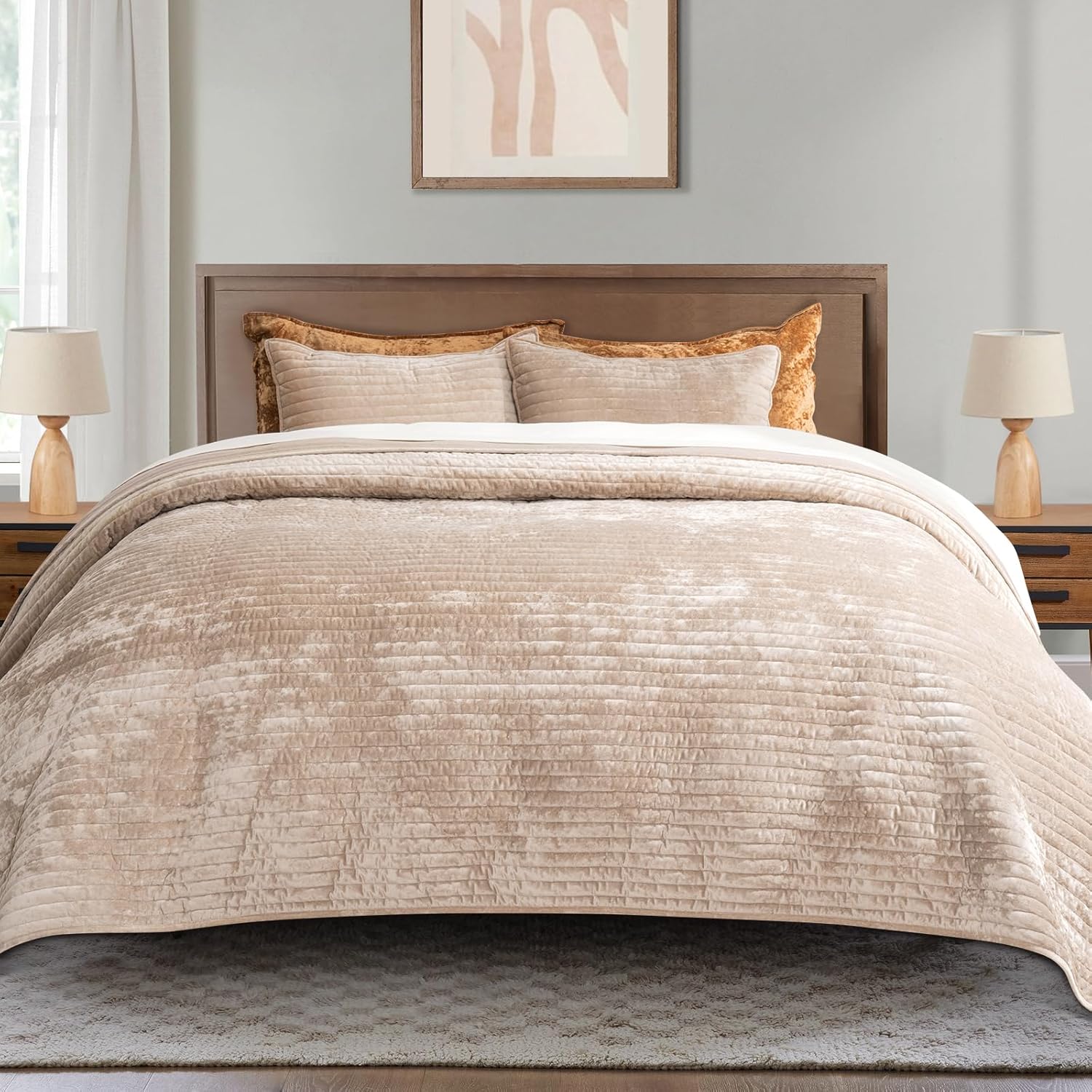 EVERGRACE Velvet Quilt Set King Size, Luxurious Soft Striped Channel Bedding Set...