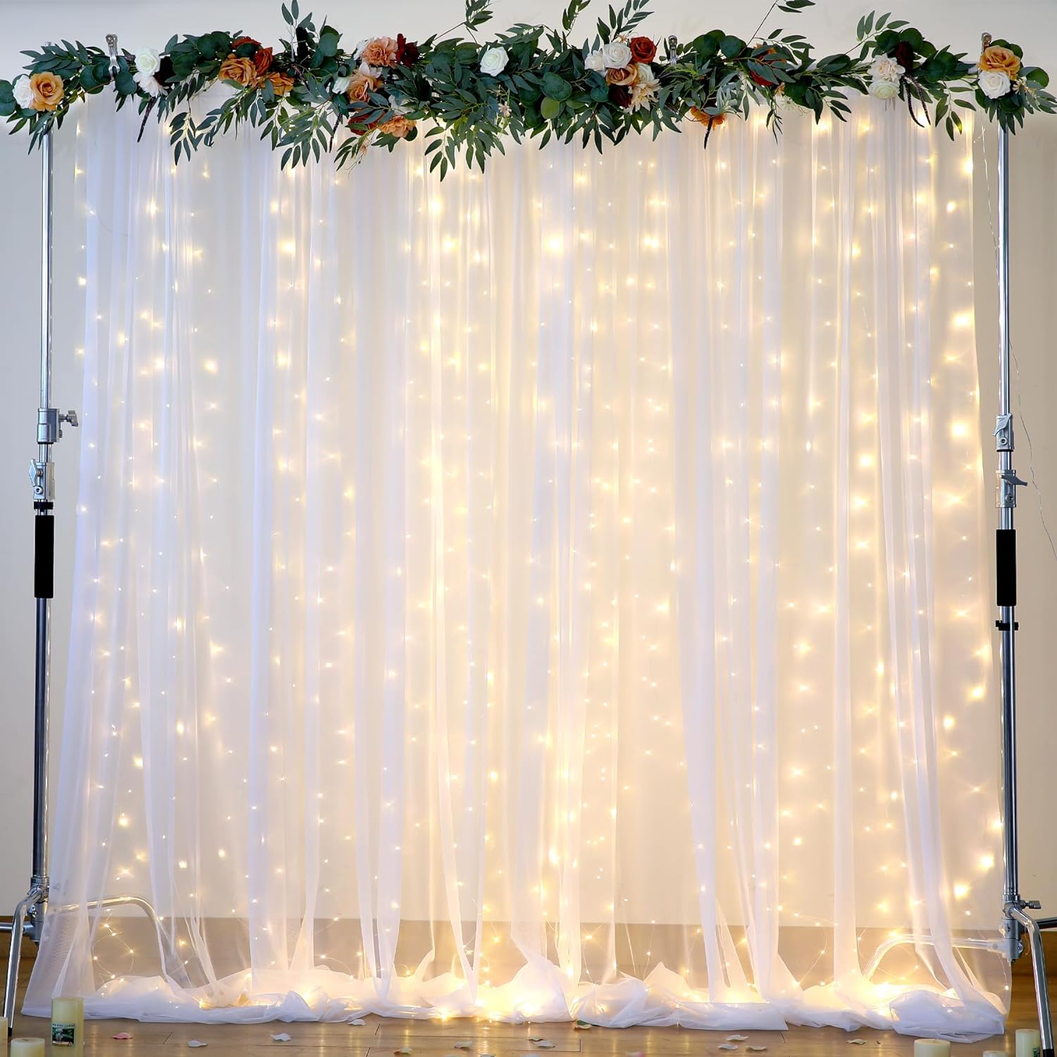 White Tulle Backdrop Curtain with Lights String for Parites 10×8ft Sheer Backdro...