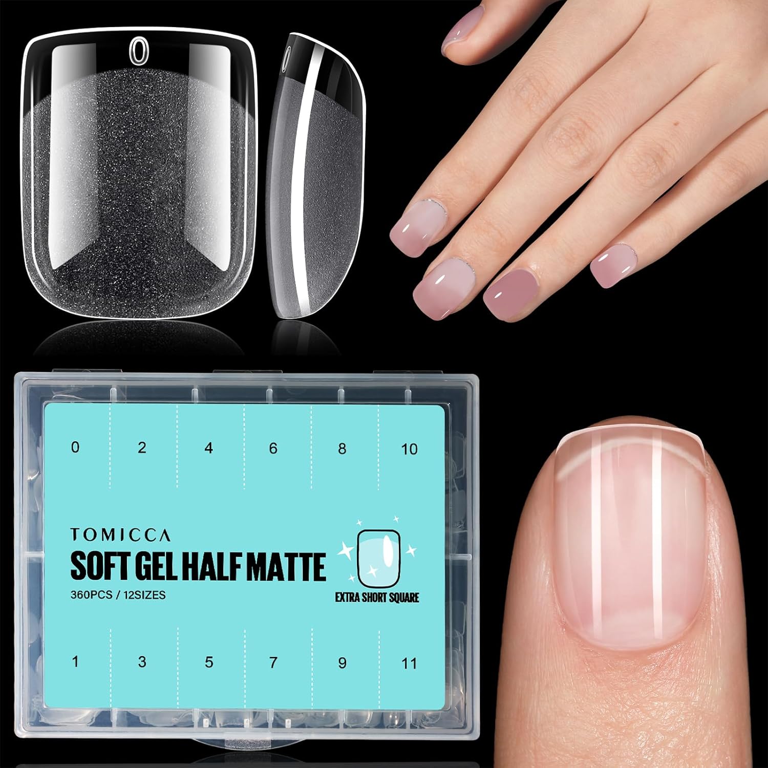 TOMICCA Square Shaped Extra Short Nail Tips, Special Half Matte Soft Gel, Innova...