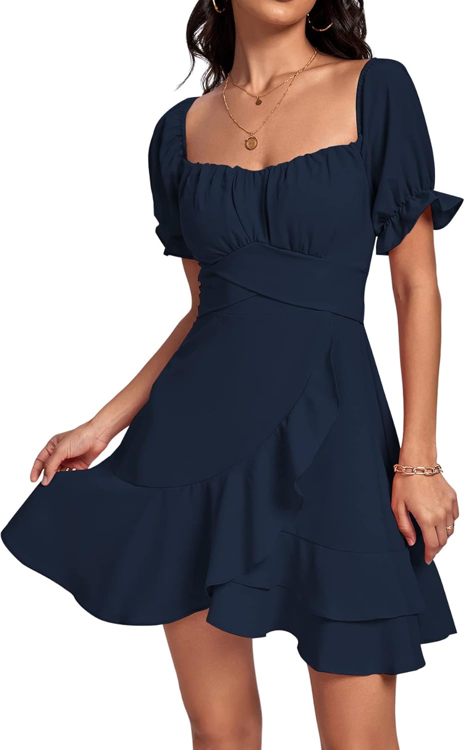 LYANER Women's Dress, Special Square Neck Ruffle Wrap Mini Dress, Innovative Off...