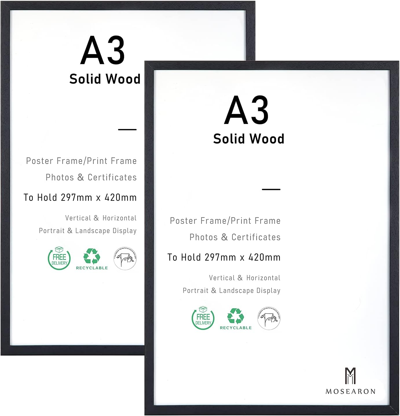 A3 Certificate Picture Frame,2 Pack Black Wood Photo Frame with plexiglass for W...