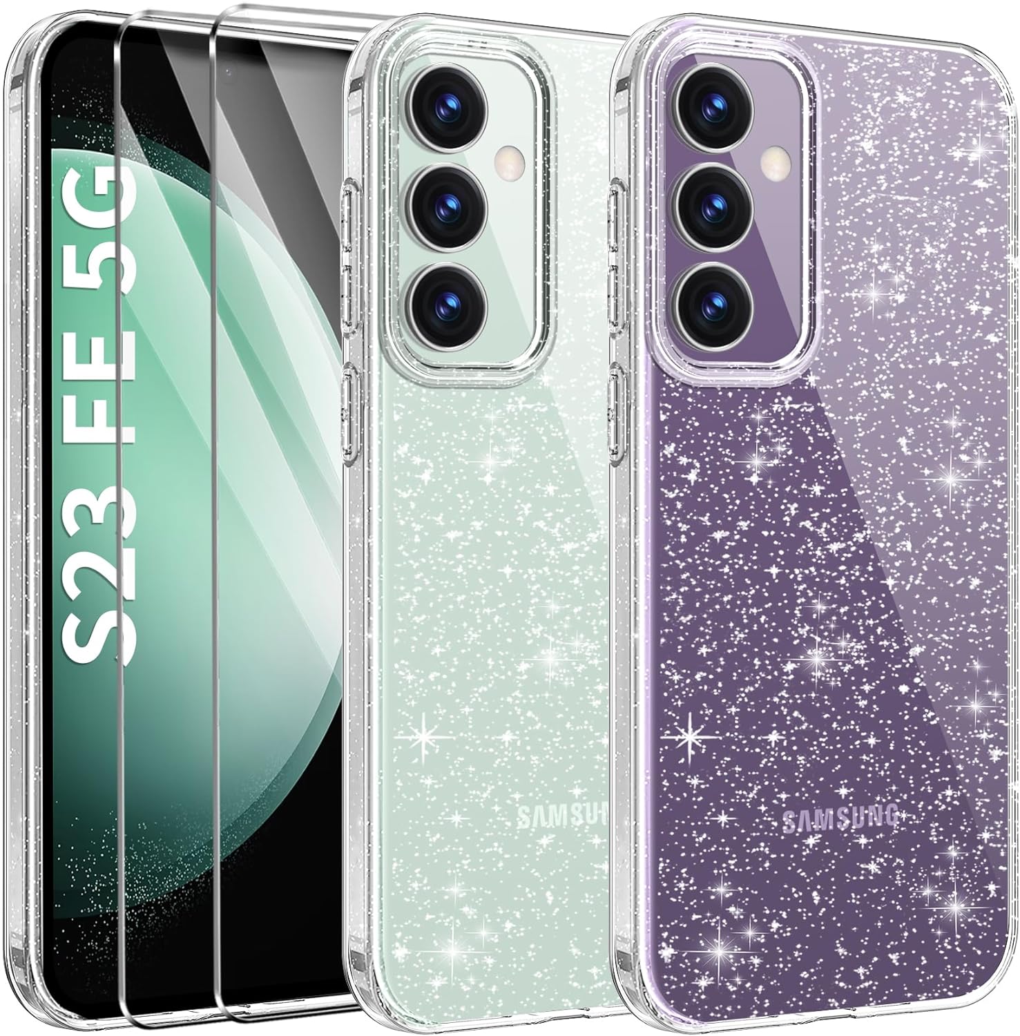 AROYI 3 in 1 Clear Glitter Case for Samsung Galaxy S23 FE 5G Case with 2 Tempere...