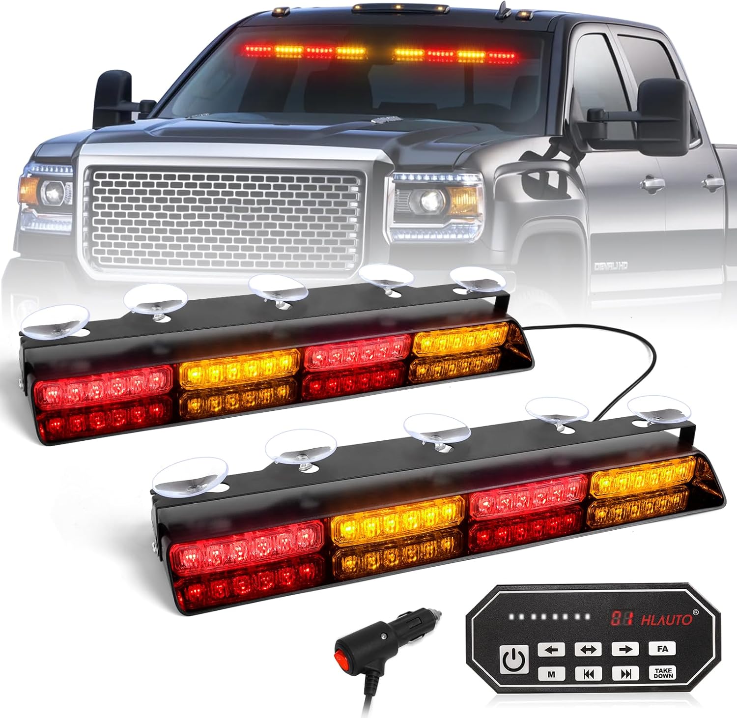 HLauto 604N Emergency Dash Strobe Lights w/Controller: 2x16.8 inch Amber Red Sec...