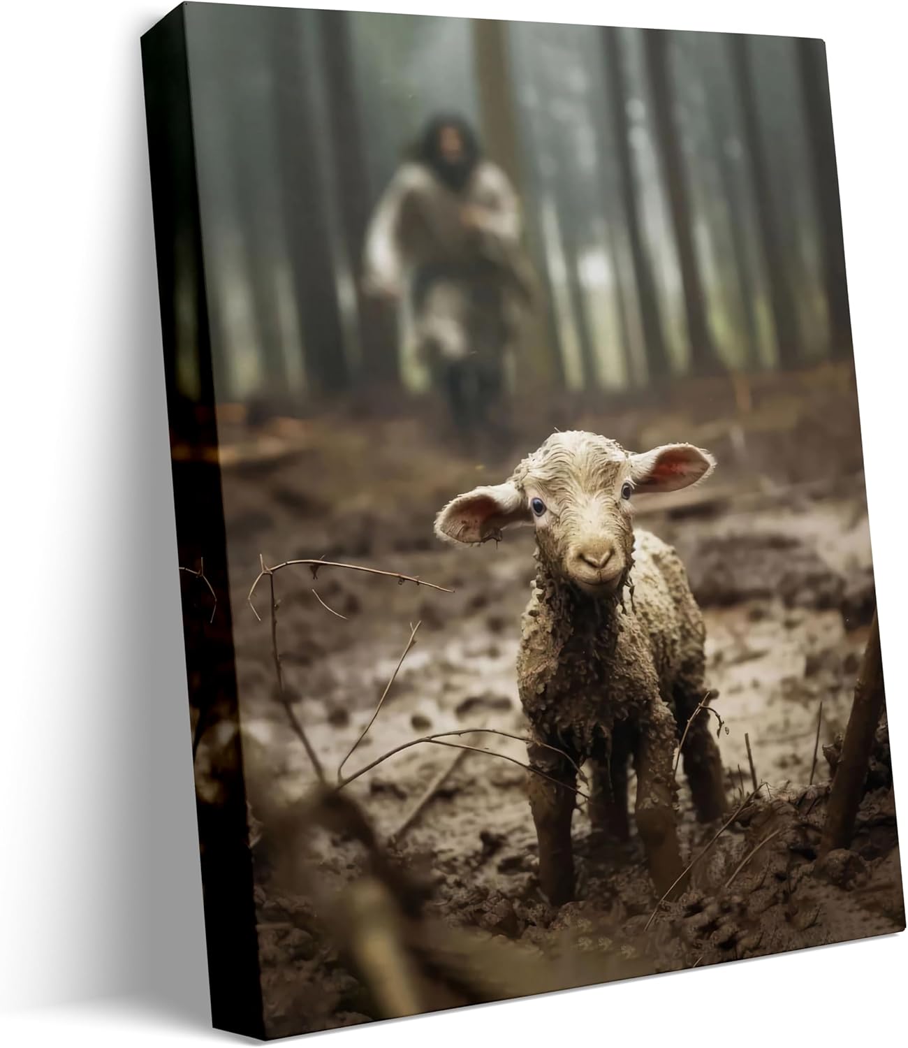 Jesus and Lamb Canvas Wall Art, Special Jesus Running After Lost Lamb Picture, I...