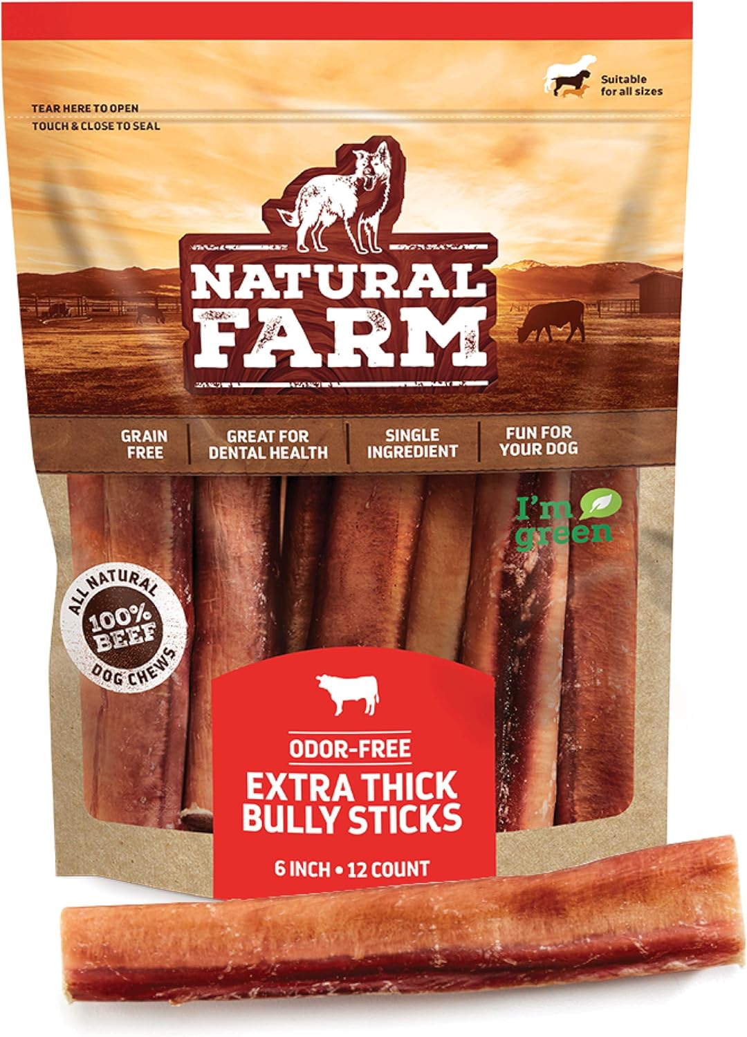 Natural Farm Odor Free Jumbo Bully Sticks (6 Inch, 12 Pack), Extra-Thick Dog Tre...