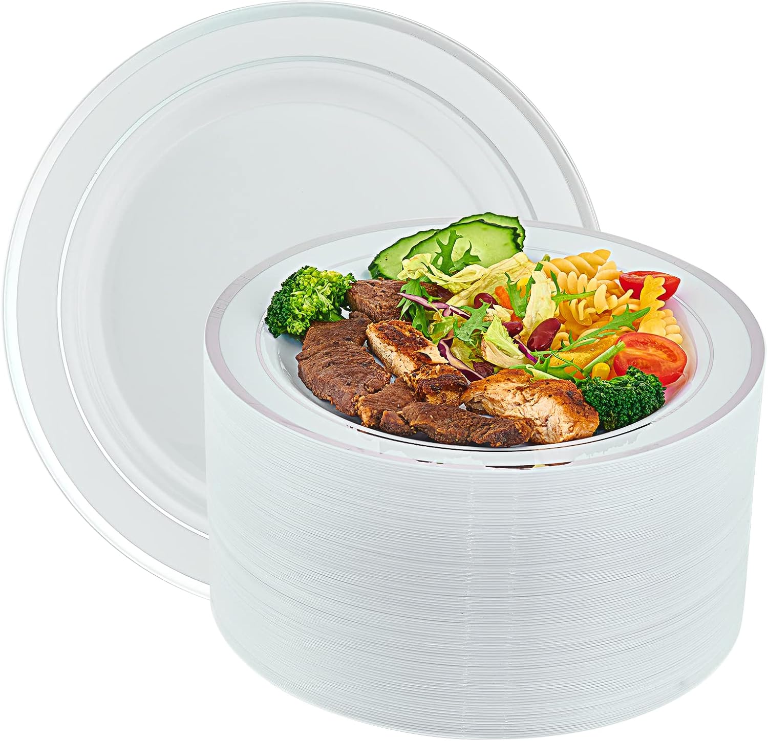 Vplus 100 Piece Silver Plastic Plates, 10 Inch Disposable White Plate with Silve...