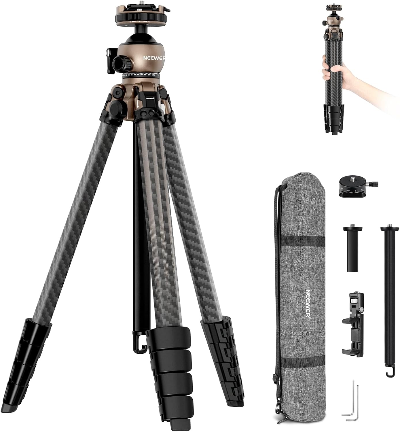 NEEWER LITETRIP LT35 61" Travel Tripod Carbon Fiber w Pan Tilt Low Profile Ball...