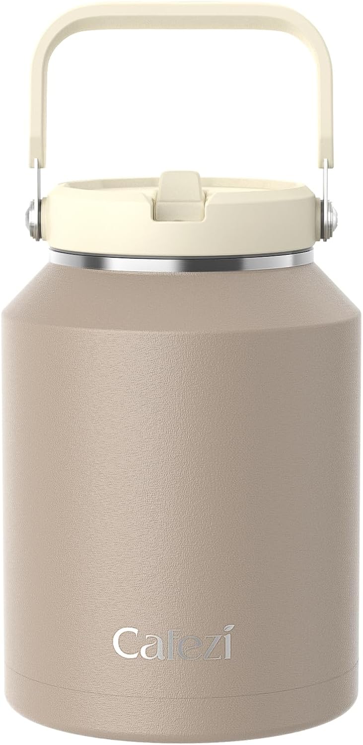 Half Gallon Water Jug 64oz, Stainless Steel Water Bottles with Flip Straw and To...