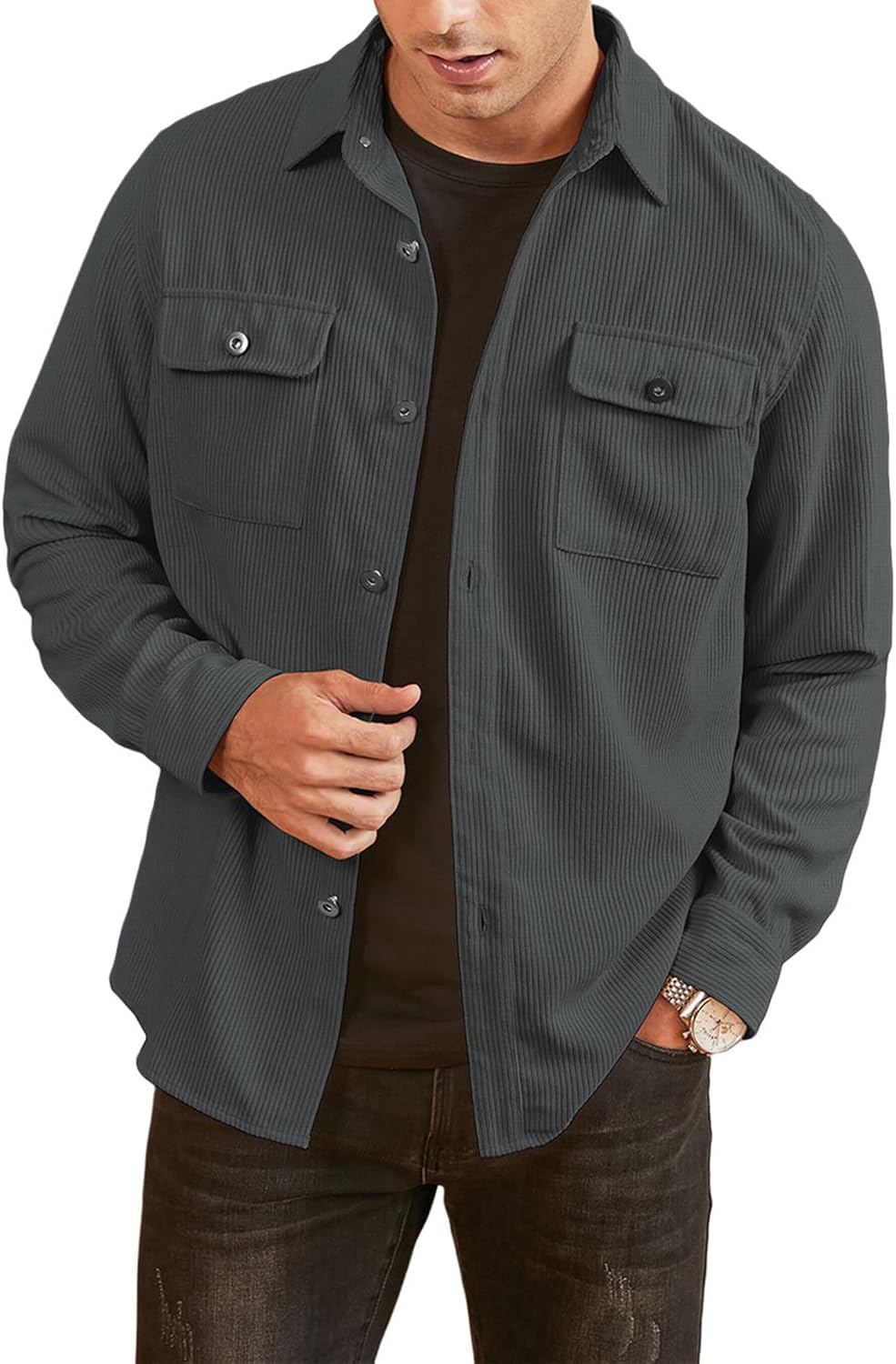 Elegancity Men's Corduroy Shirts Casual Long Sleeve Button Down Trucker Jacket A...