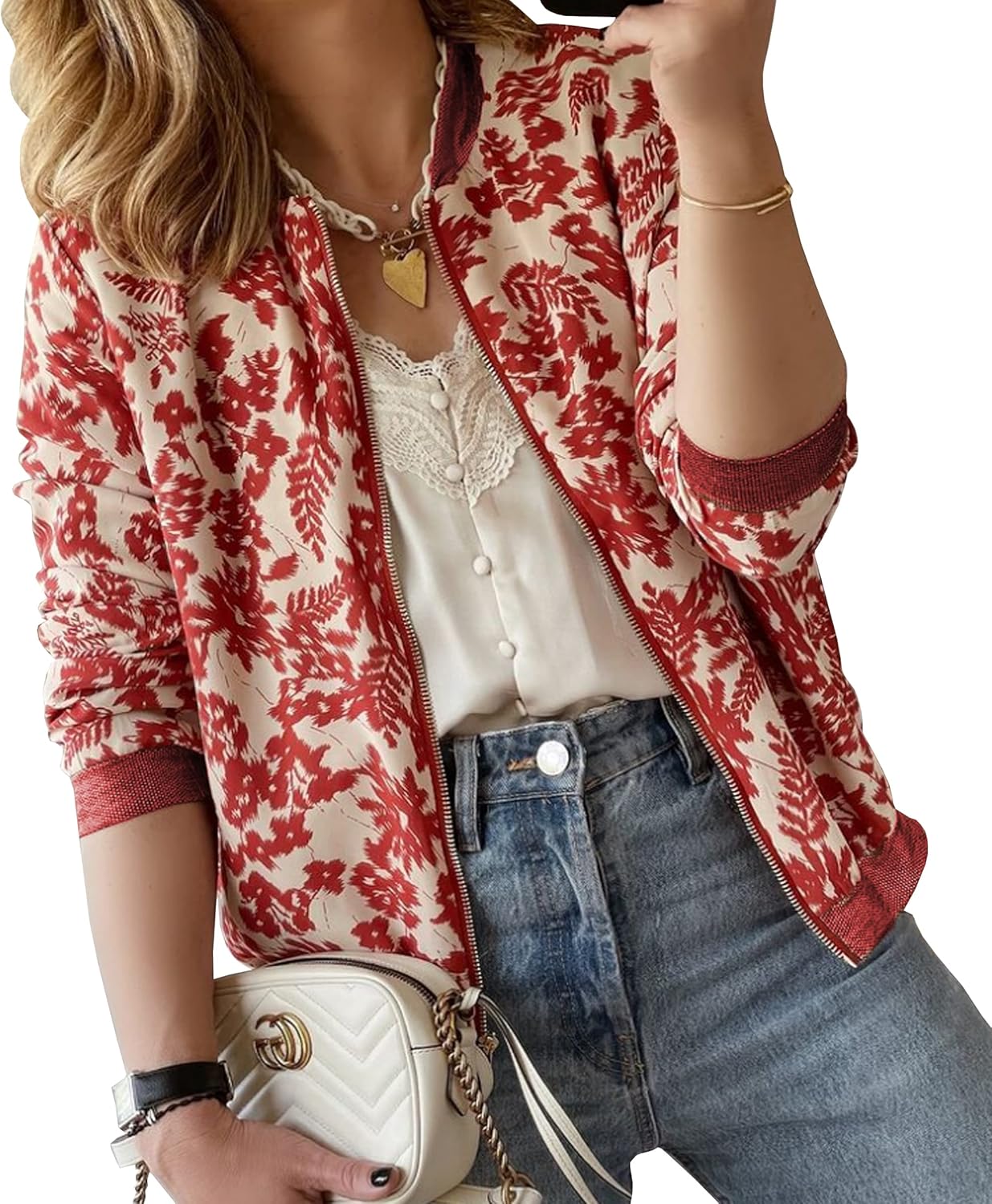 ECOWISH Women's Casual Floral Zip Up Bomber Jacket Coat Stand Collar Lightweight...