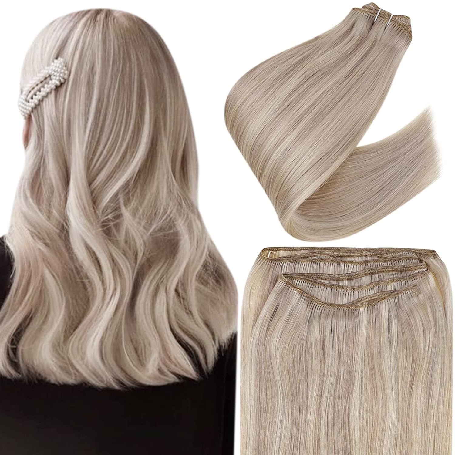 Easyouth Weft Hair Extensions Human Hair Blonde Sew in Extensions Ash Blonde Hig...