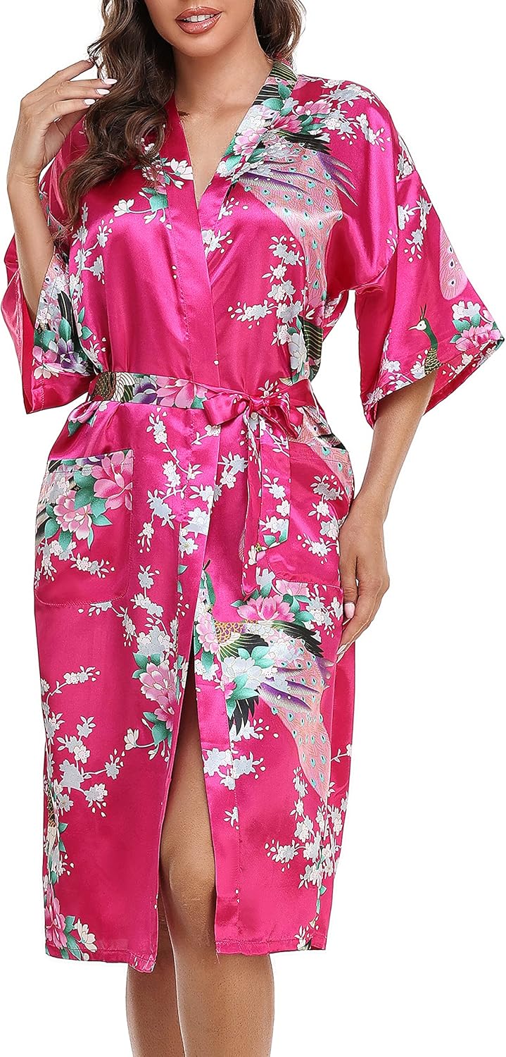Lovasy Kimono, Special Dressing Gowns Satin Kimono Robe, Unique Peacock and Blos...