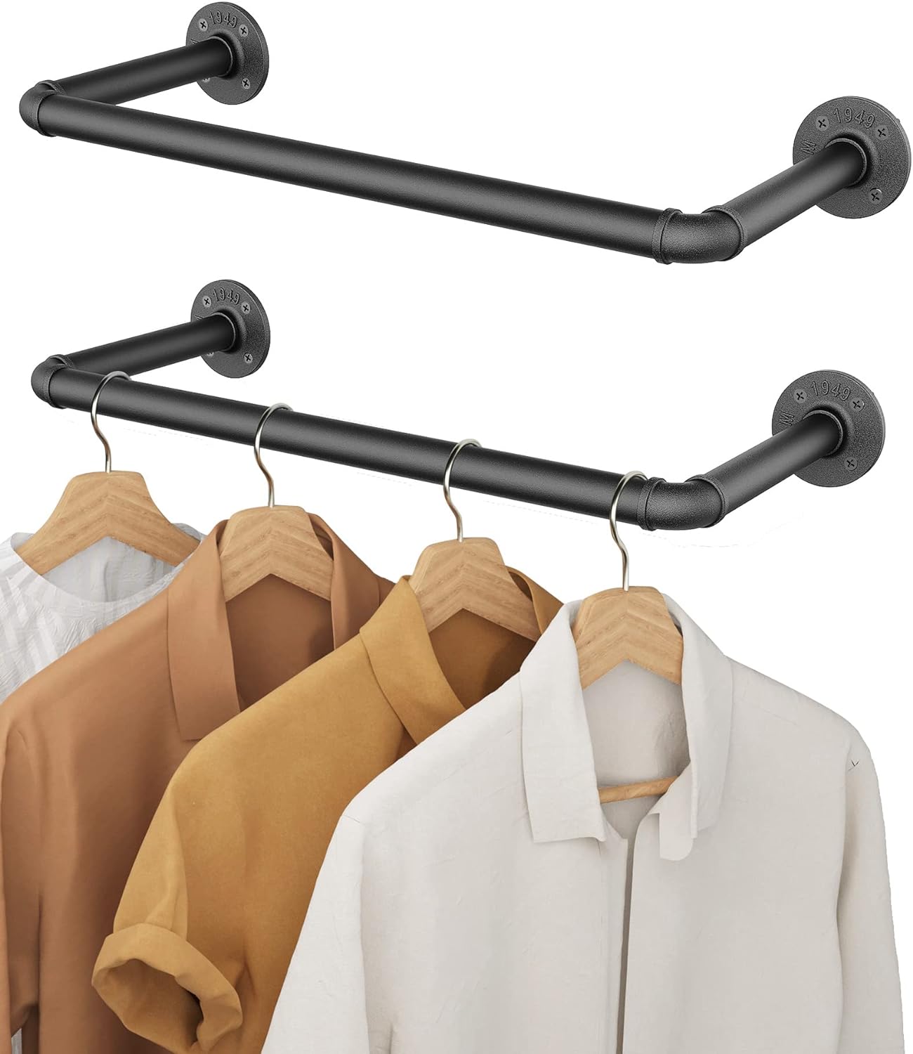 OROPY Industrial Pipe Clothes Bar Rack, Set of 2, 49cm Wall Mounted Detachable R...