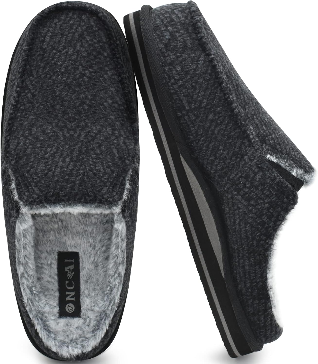 ONCAI Mens Clog Slippers with Arch Support Stripe Faux Fur Cotton-Blend High-Den...