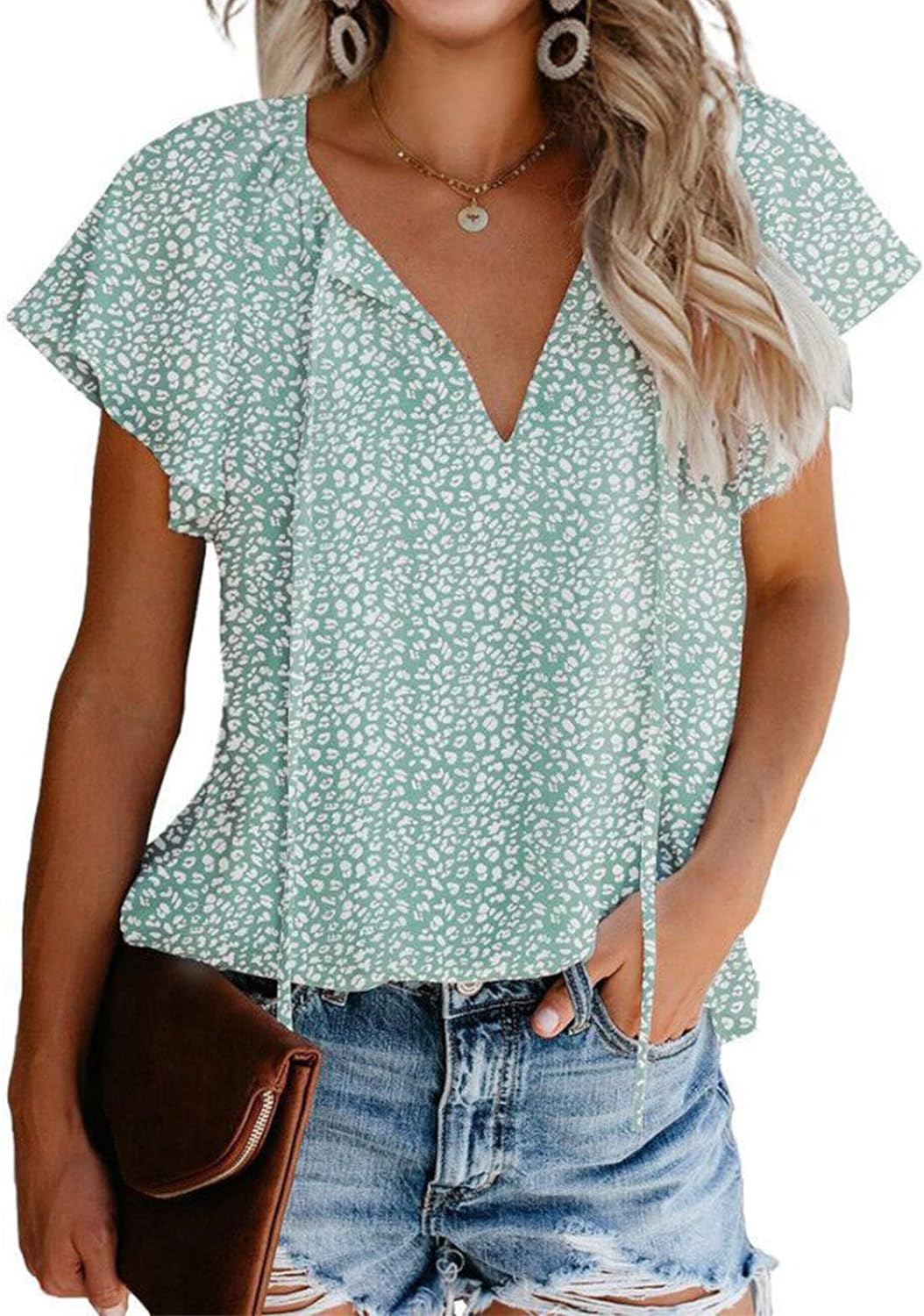 Mansy Women's Casual, Special Floral Print V Neck, Innovative Ruffle Short Sleev...
