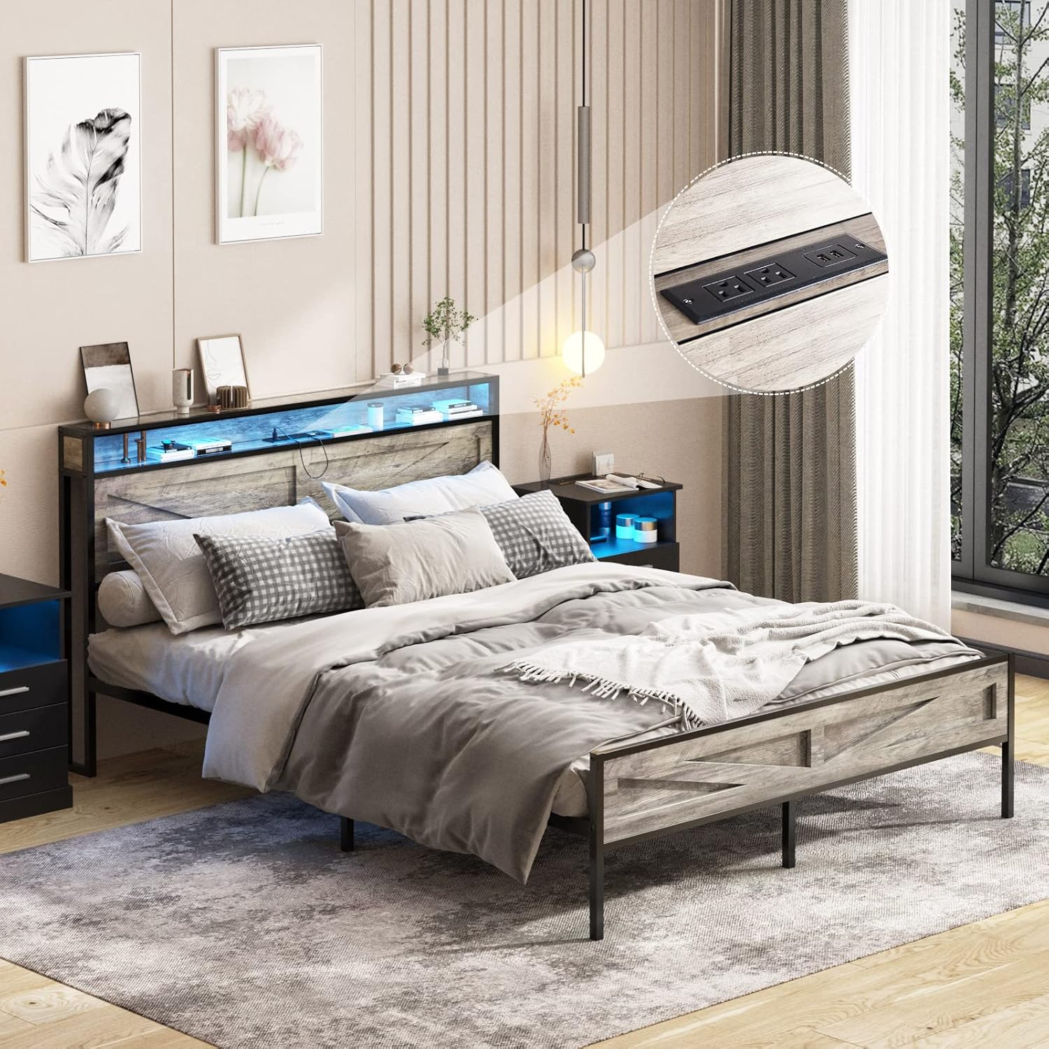 LED Queen Size Bed Frame with Charging Station, Platform Metal Headboard Storage...