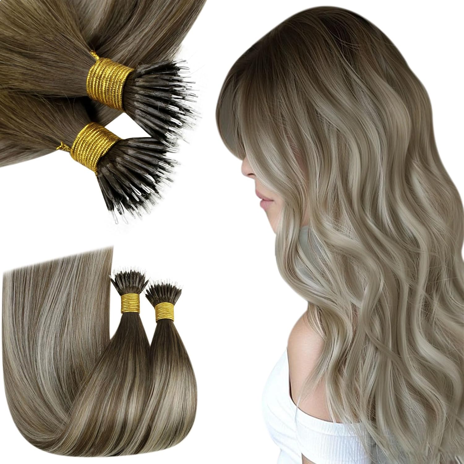 RUNATURE Nano Human Hair Extensions Brown Ombre Blonde Nano Hair Extensions Real...
