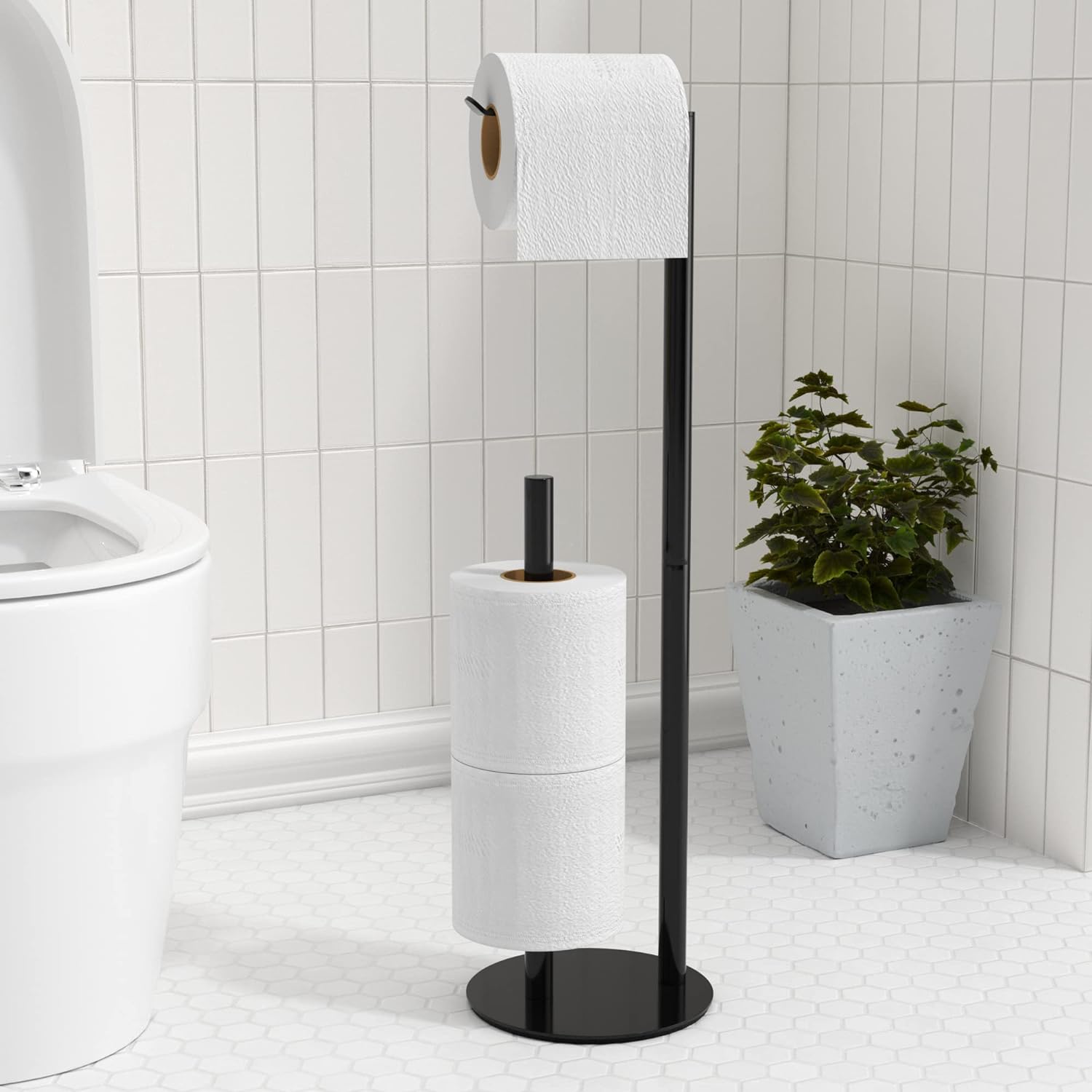 Black Toilet Paper Holder Stand,Free-Standing Toilet Paper Storage,Stainless Ste...