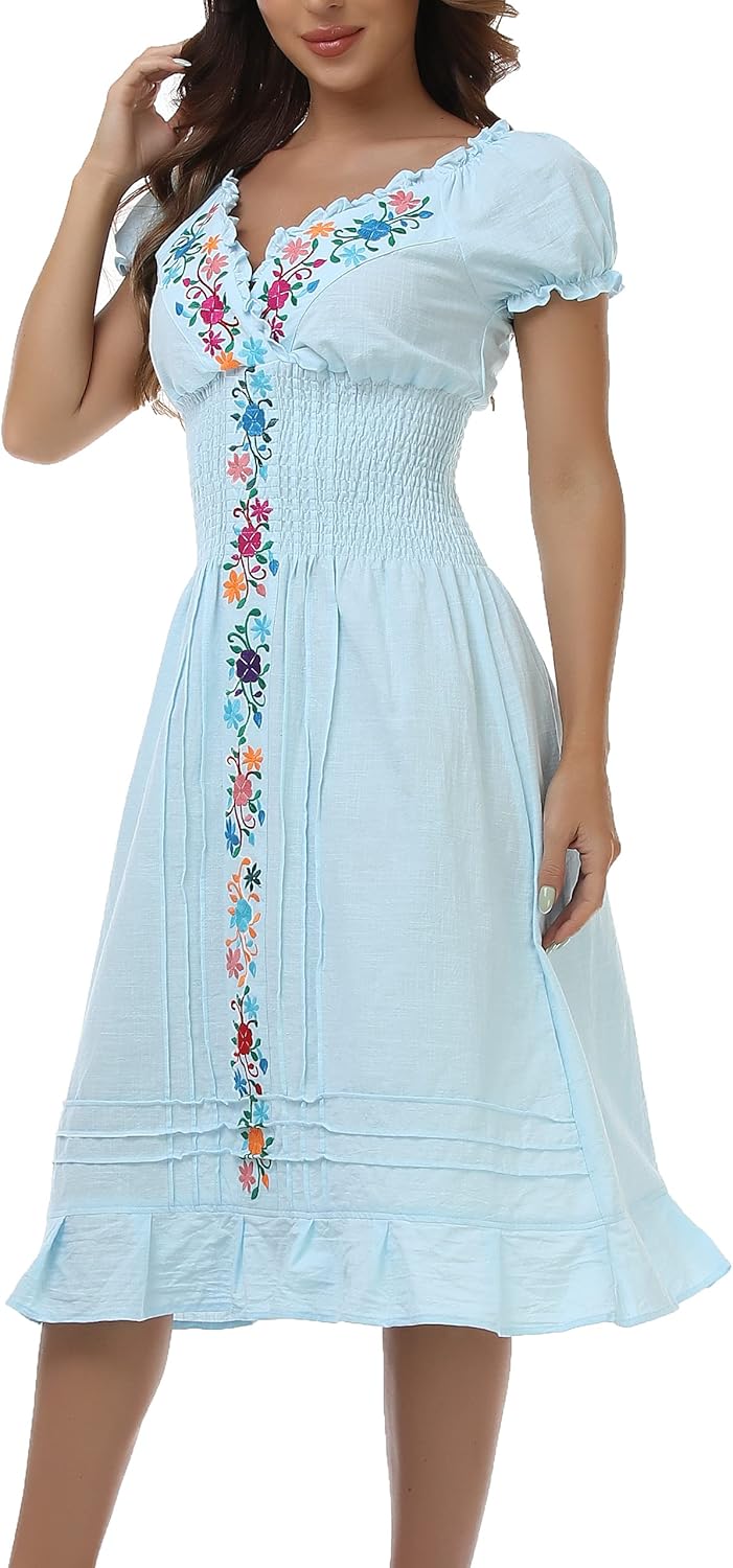 YZXDORWJ Women Mexican Embroidered Casual Dress Summer Ruffle V Neck Short Sleev...