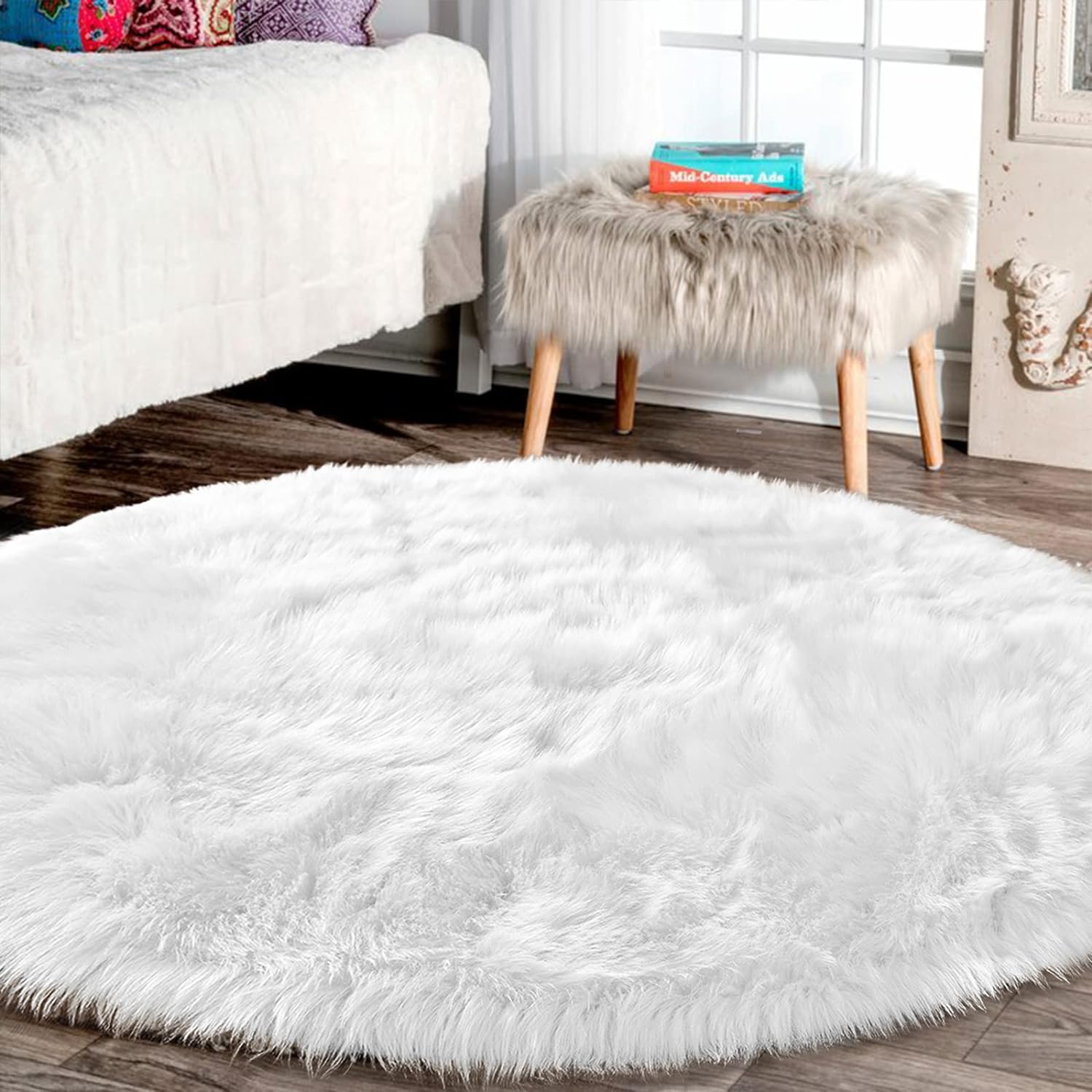 Latepis Round Rugs 8ft White Circle Area Rug Washable Fluffy Rug Faux Fur Rug So...