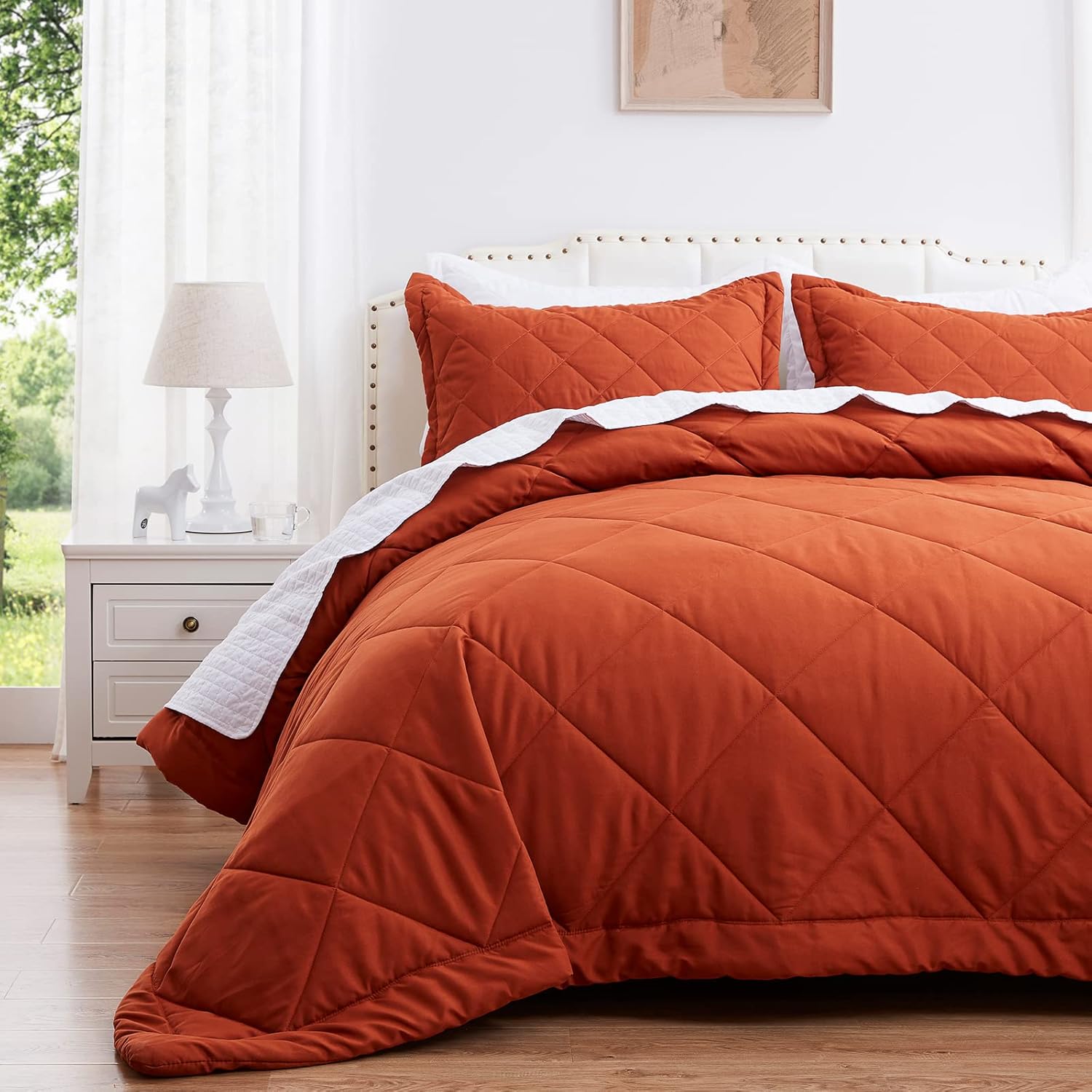 SunStyle Home King Quilt Set Lightweight Burnt Orange Comforter Set Diamond Patt...