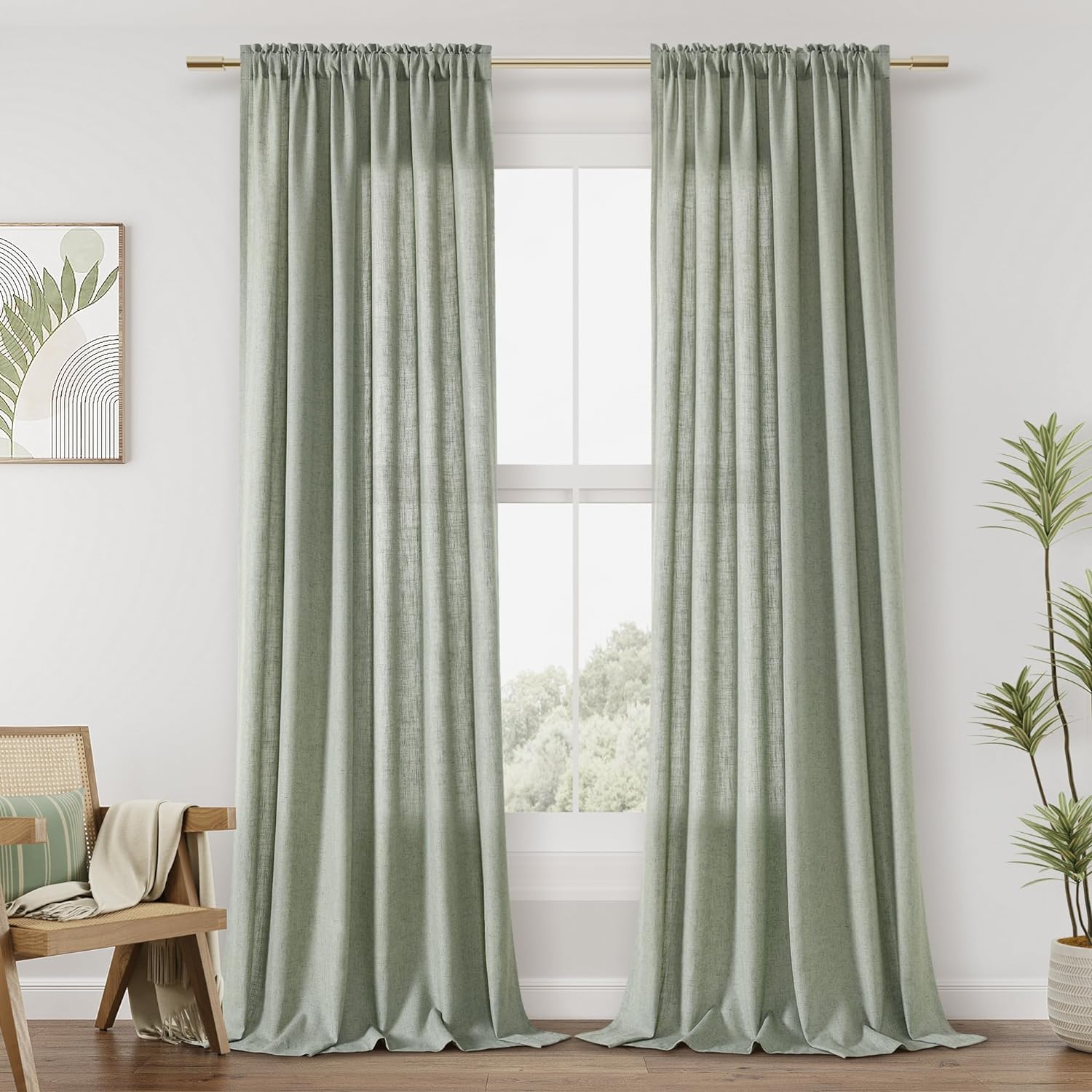 Guken Sage Green Linen Curtains 84 Inch Length for Living Room Bedroom 2 Panels...
