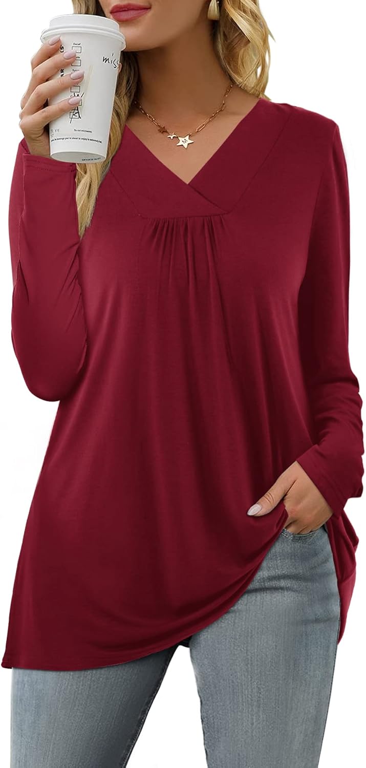 Florboom Womens Casual Tunic Tops, Unique Long Sleeve V Neck T-Shirt, Stylish Lo...